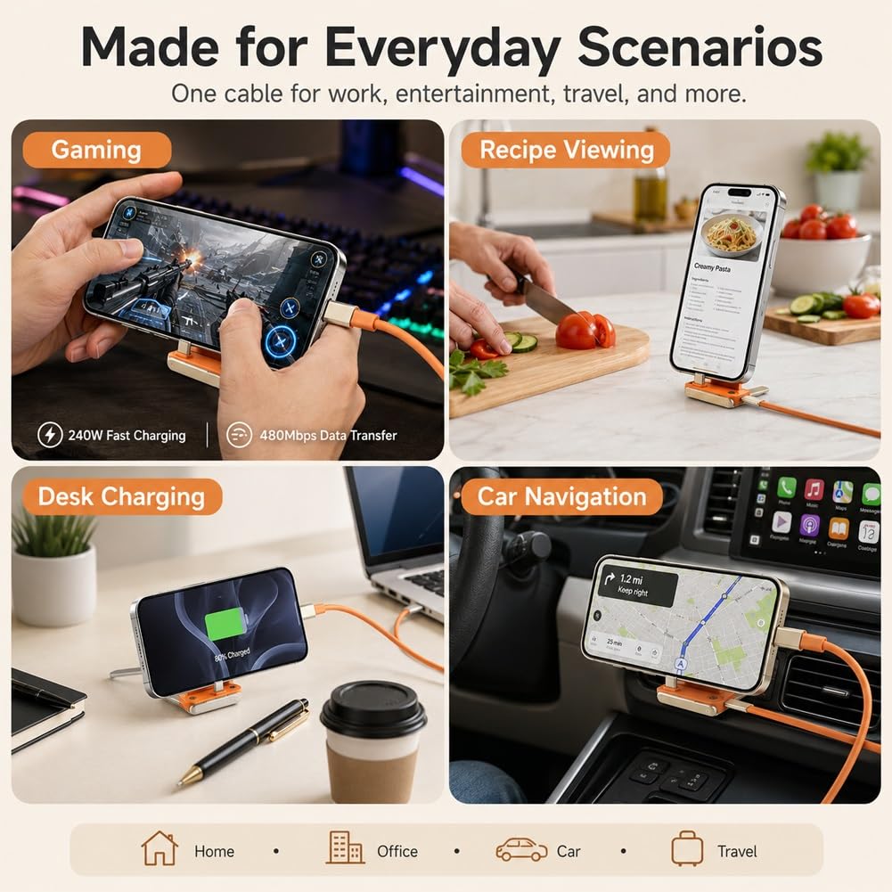 Phone Charger 240W Silicone Cable with 2 in 1 Detachable Stand 480Mbps Data Transfer Speed 90° Angle Universal Type-C for Smartphone Tablet Laptop