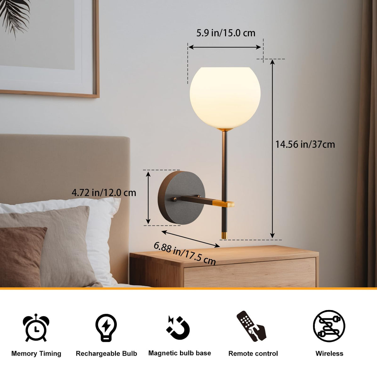 Black and Gold Battery Operated Wall Sconces Set of 2 - Rayspan Official Imagery - 3