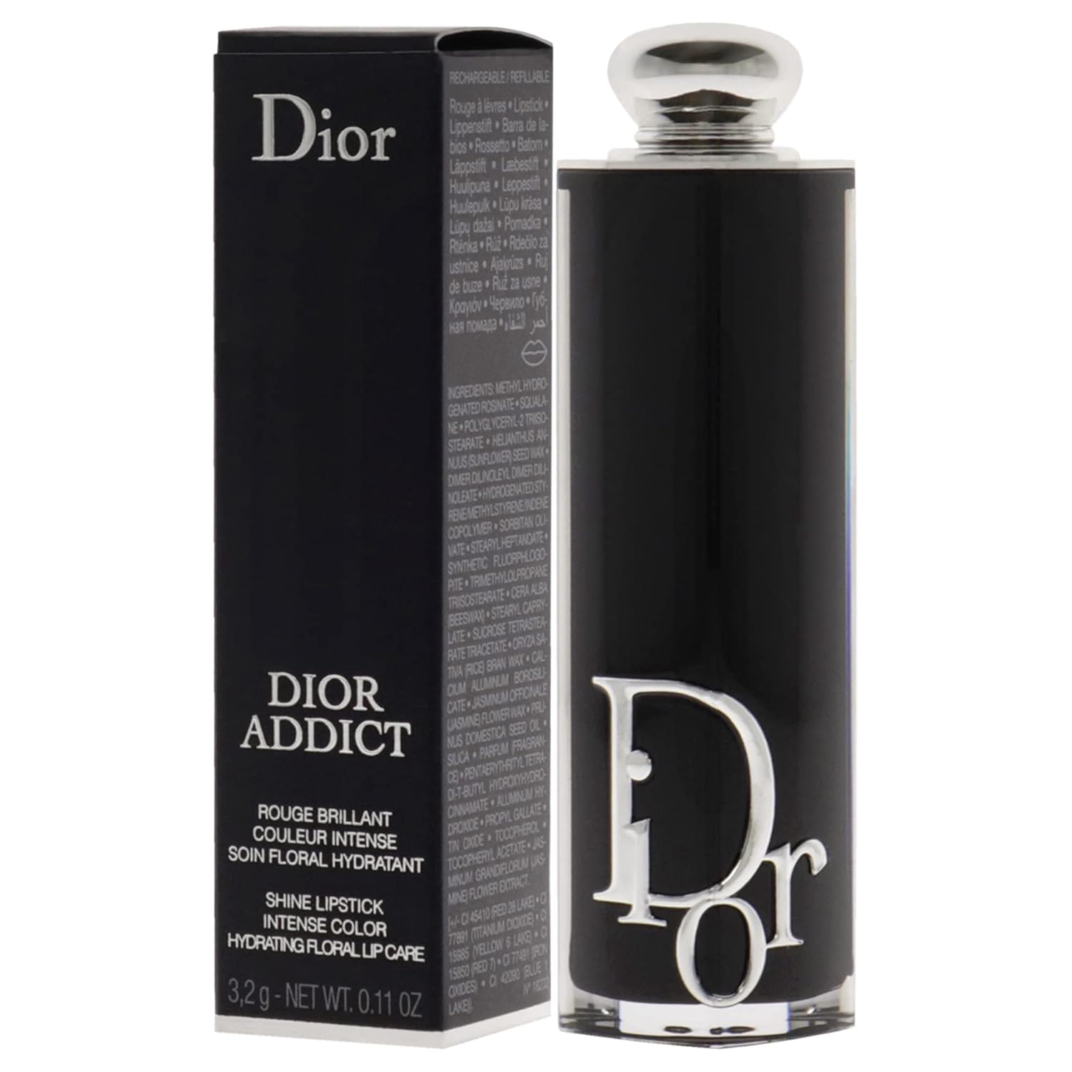 Christian Dior Dior Addict Hydrating Shine Lipstick in shade 976 Be Dior, showcasing the refillable 0.11 oz lipstick with a shiny finish.