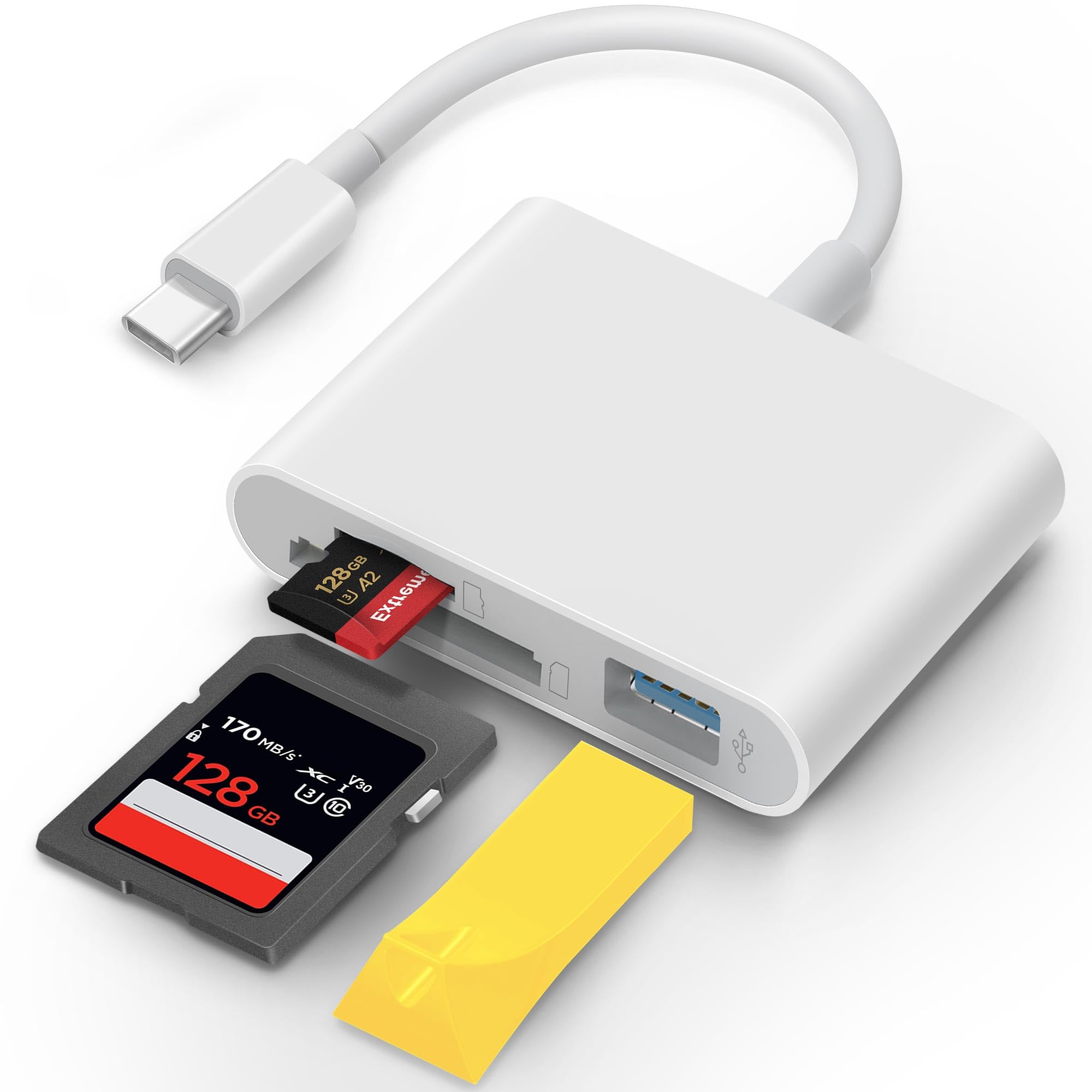 MujuDoler USB C SD card reader with dual slots and USB port for iPhone 15, iPad, MacBook, Android, and Type-C devices.