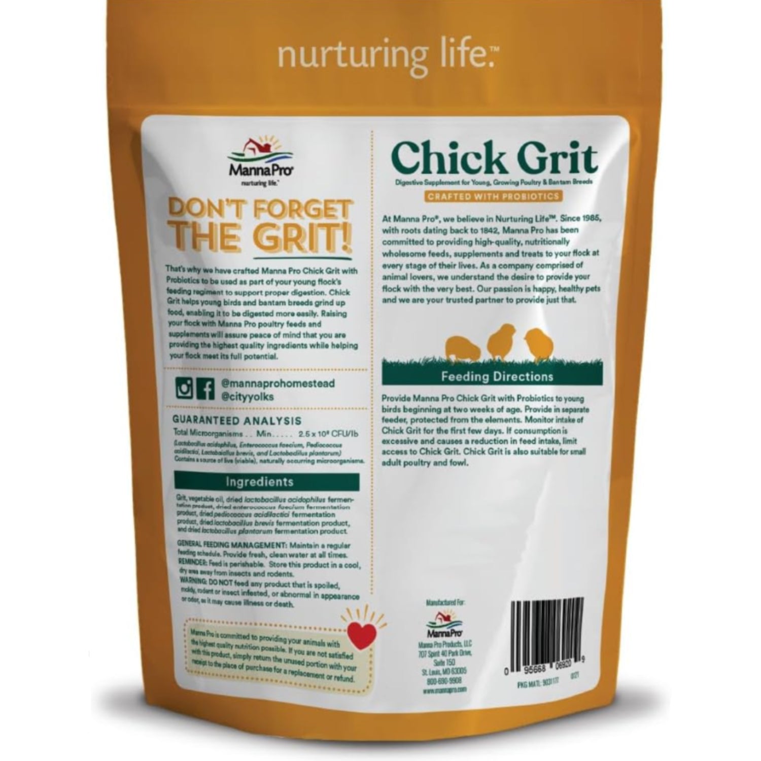 Manna Pro Chick Grit Digestive Supplement in 5 lbs for young poultry and bantams, showing a bag of poultry grit.