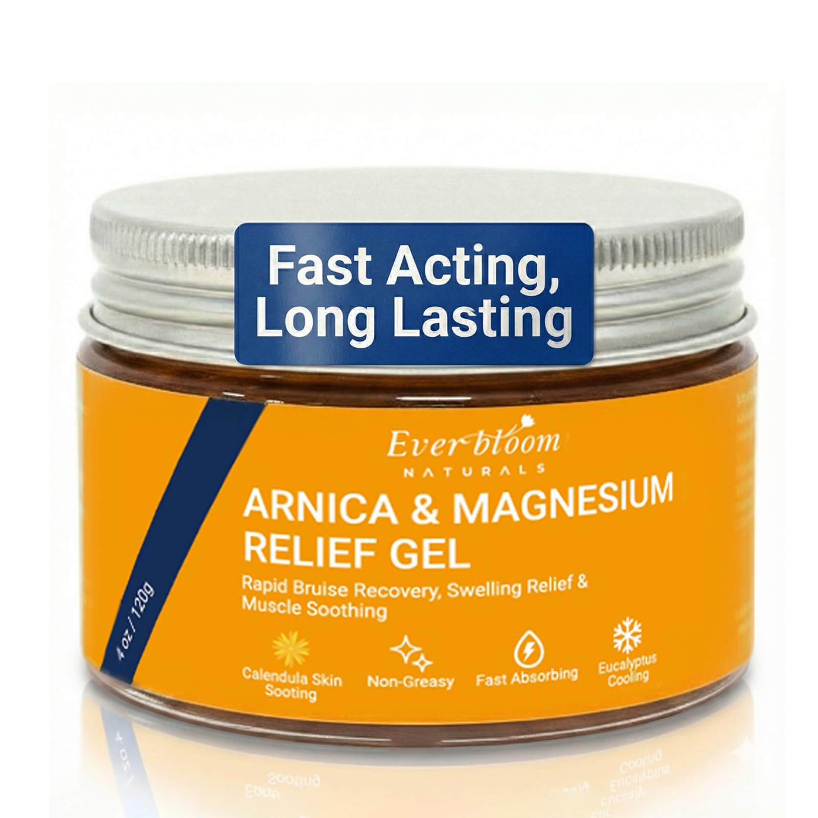Everbloom Naturals Arnica & Magnesium Calming Gel in 4oz tube, soothing skin care with natural ingredients, close-up view.