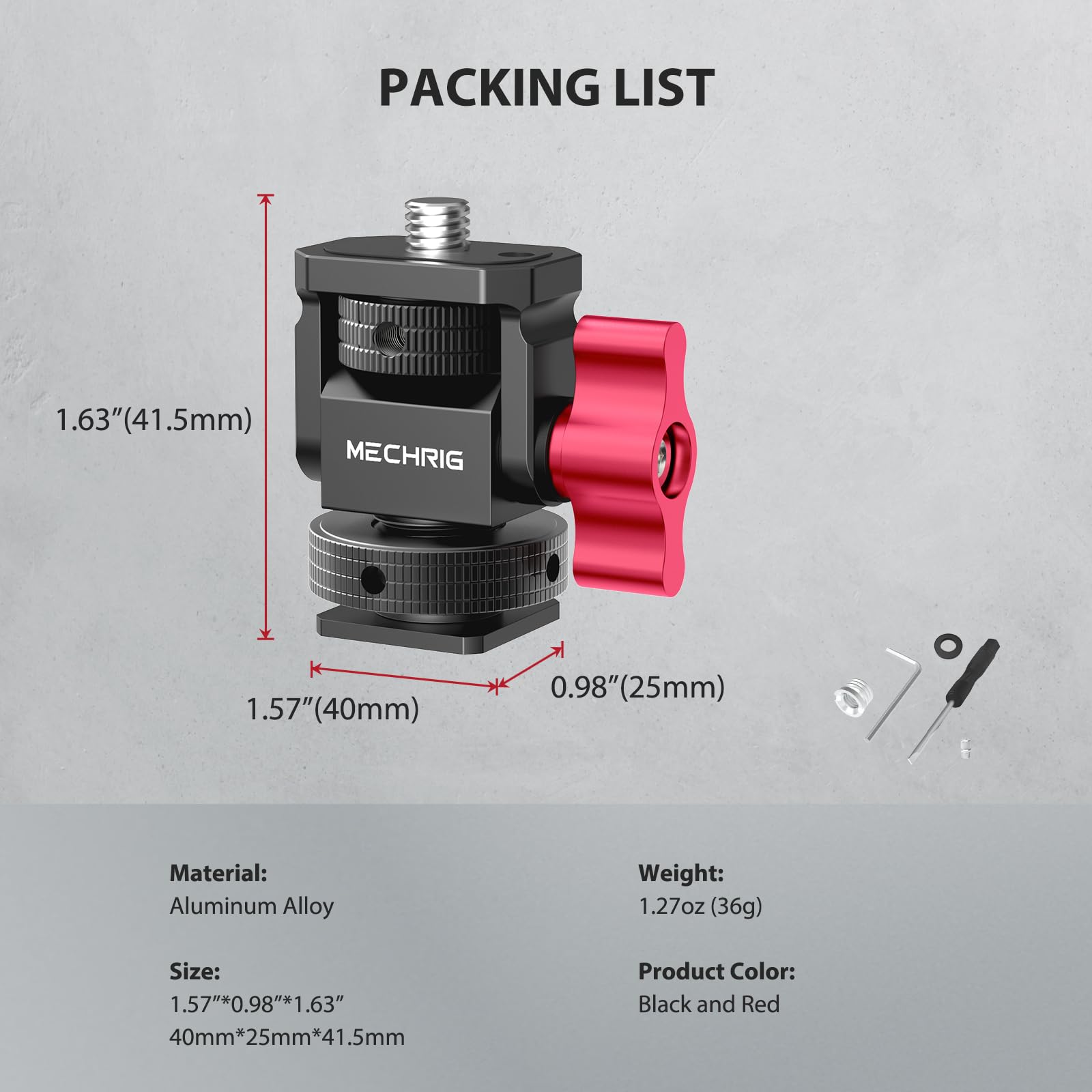 Mechrig mini camera monitor mount with cold shoe, aluminum bracket, 1/4″ screw, 360° swivel, 180° tilt for LED lights and mic cages
