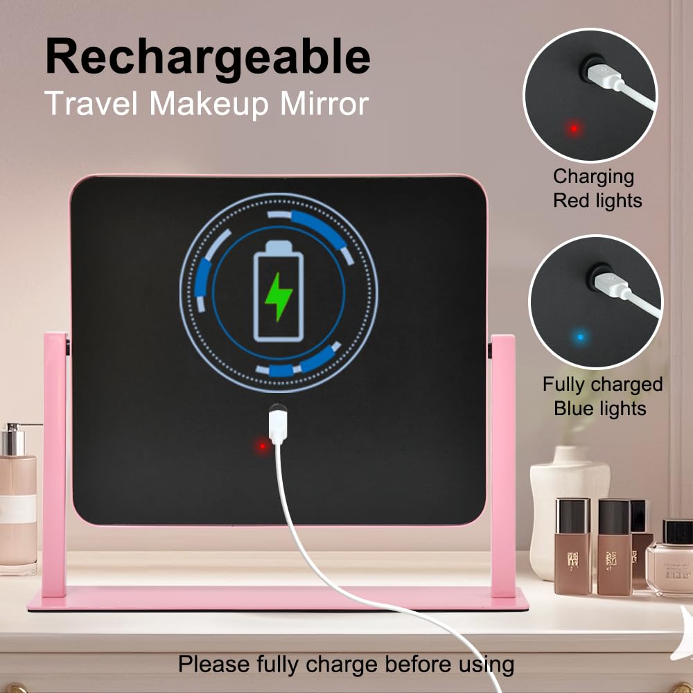YEKKOPT Led Desk Vanity Mirror with Lights,10"×12" Pink Rechargeable Makeup Mirr - YEKKOPT Official Product View 3