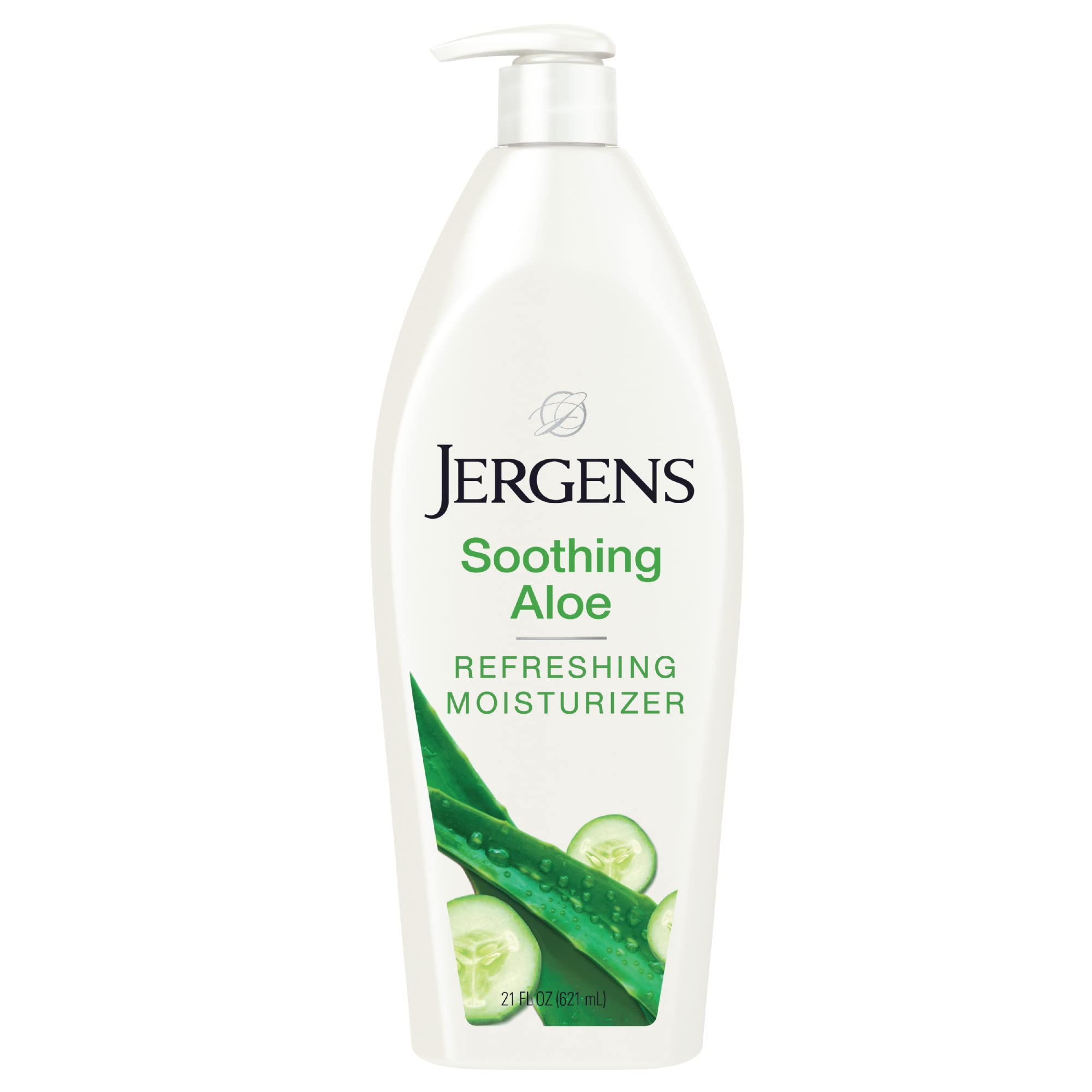 Jergens Soothing Aloe Body Lotion for dry skin relief, 21 fl oz, showing the lotion bottle with aloe imagery
