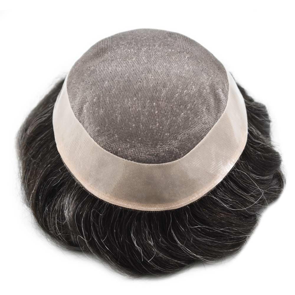 Curve Hair Mens Toupee Human Hair Piece Replacement System Monofilament Wig Hair Unit for Men Durable Poly Coated Mens Hairpiece (#1B20 Off Black+20% Gray, 6"X9")