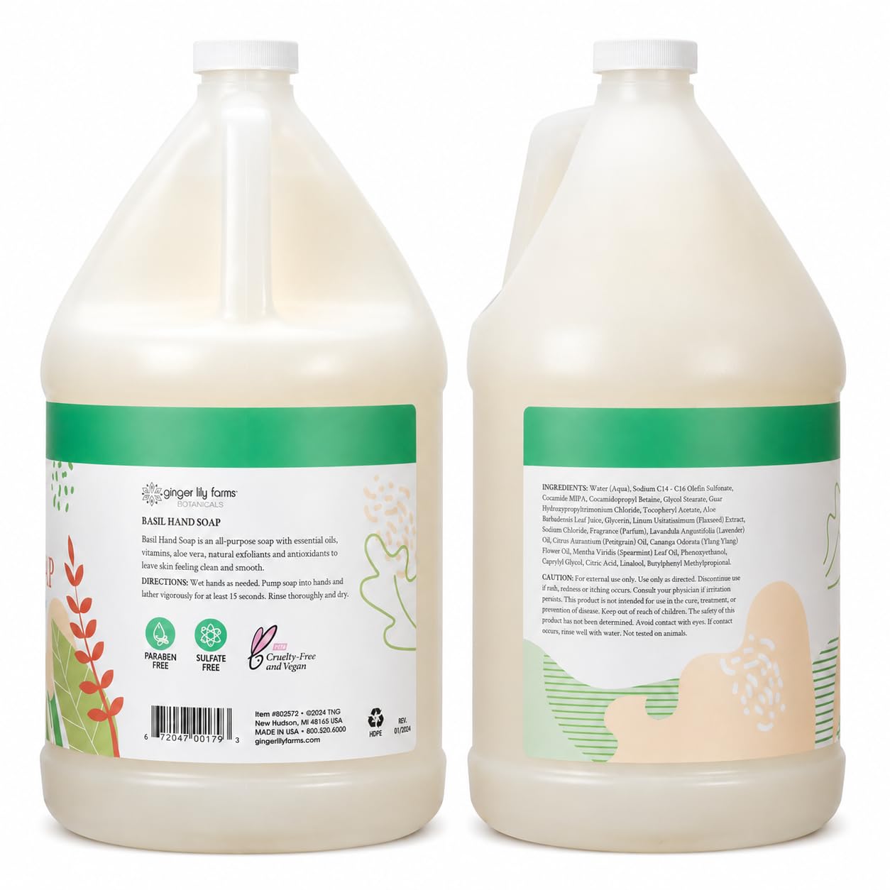 Ginger Lily Farms 1 gal All-Purpose Liquid Hand Soap Refill, Basil Scent