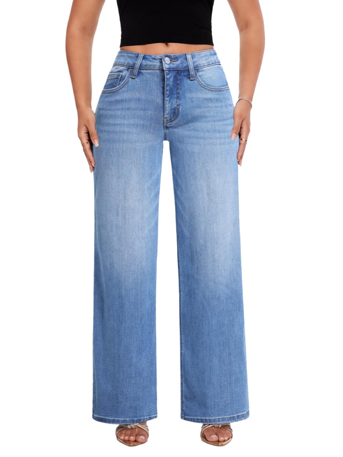ONESO Wide Leg Jeans for Women Mid Low Rise Baggy Stretchy Denim Pants - View 9