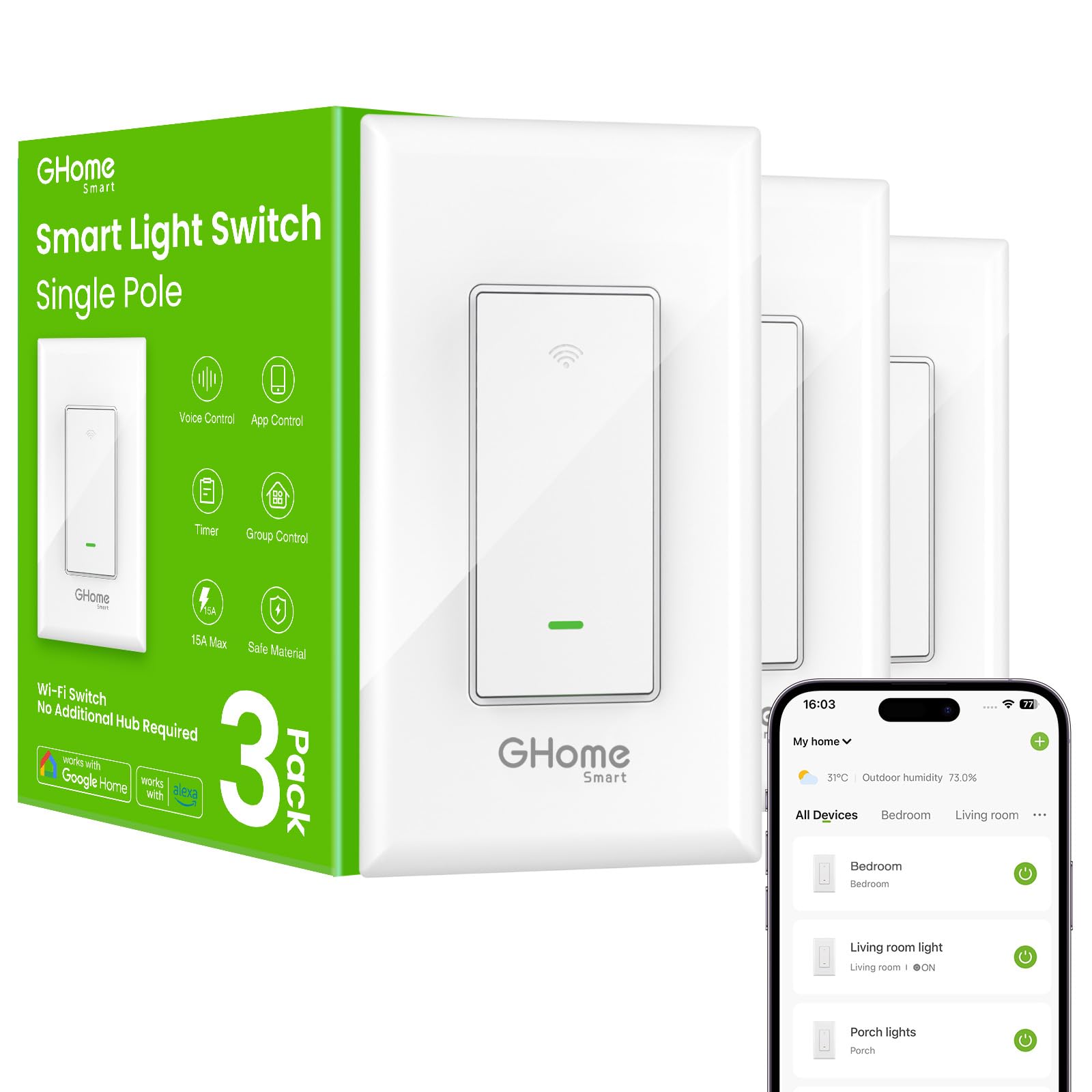 GHome Smart Switches for Lights, Single Pole WiFi, Works with Ale - GHome Smart Official Product View 10