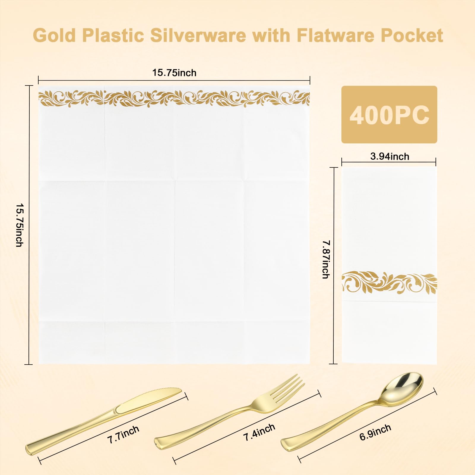Goodluck 400 PCS Gold Plastic Silverware with Pocket Napkins for - Goodluck Official Product View 3
