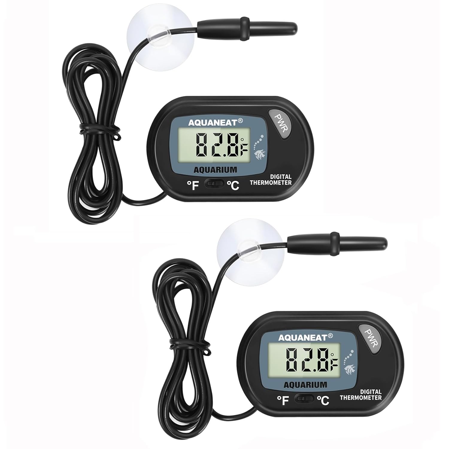 AQUANEAT 2-pack aquarium thermometers with digital display for fish tanks, showing temperature readings on a white background.