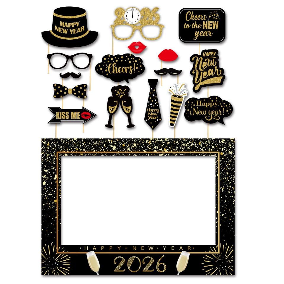 SWYOUN Glitter Happy New Year's Eve 2026 Party Photo Booth Props - Product Imagery