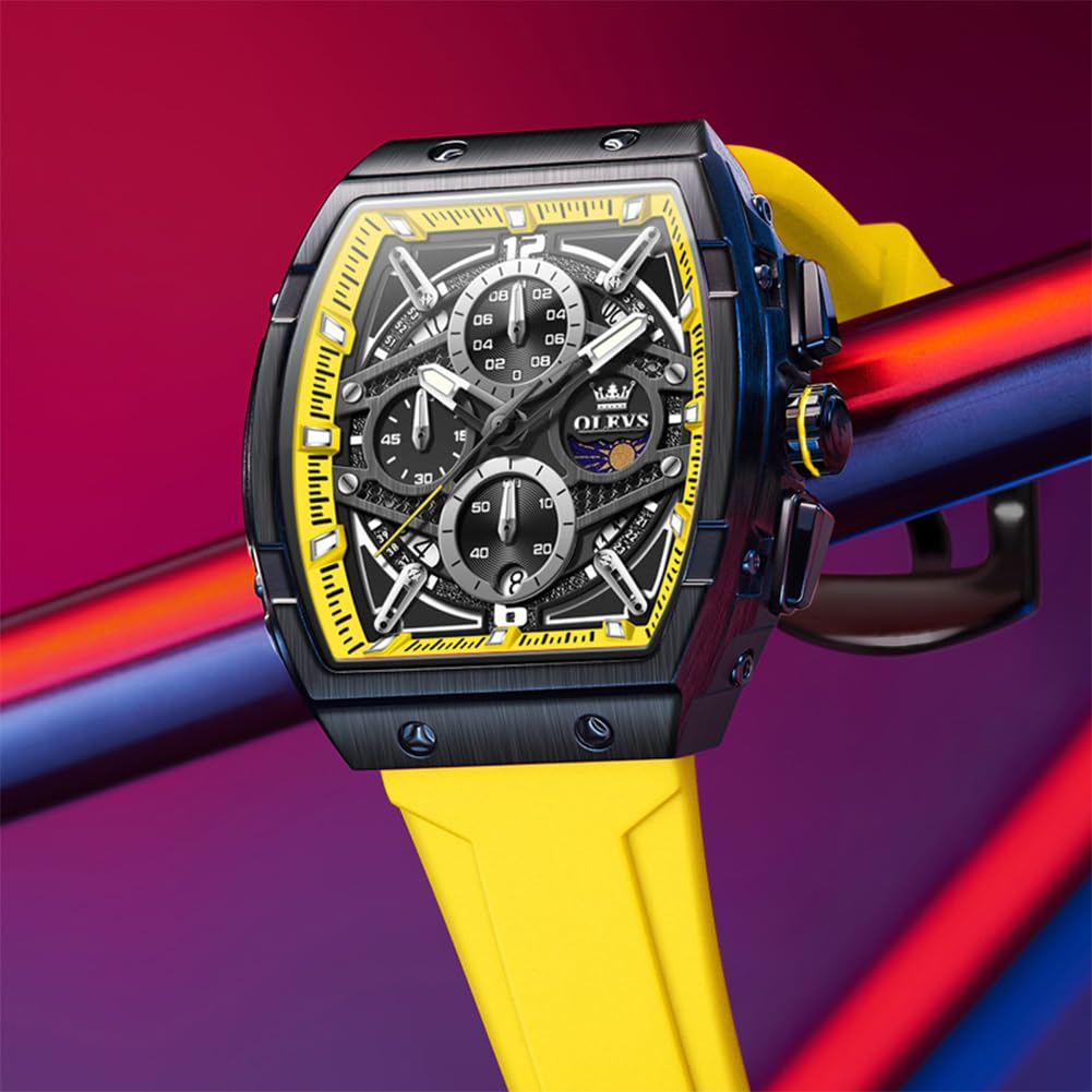 OLEVS Men Square Chronograph Watch Gold Silicone Strap