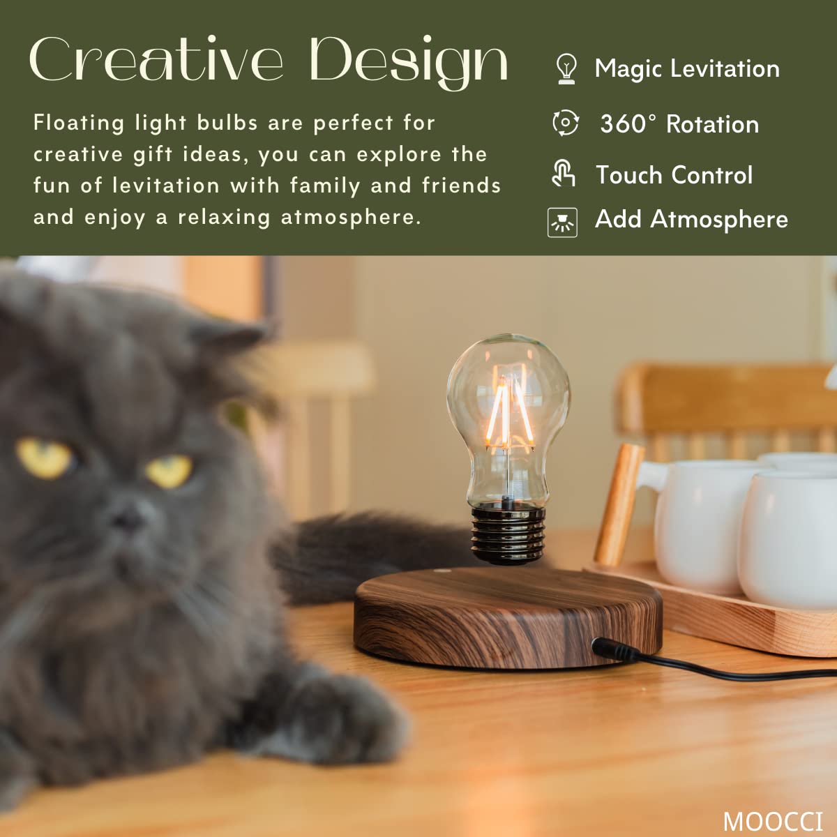 MOOCCI Levitating Bulb Lamp, Magnetic Floating Night Light for Desk Decor - MOOCCI Official Product View 2