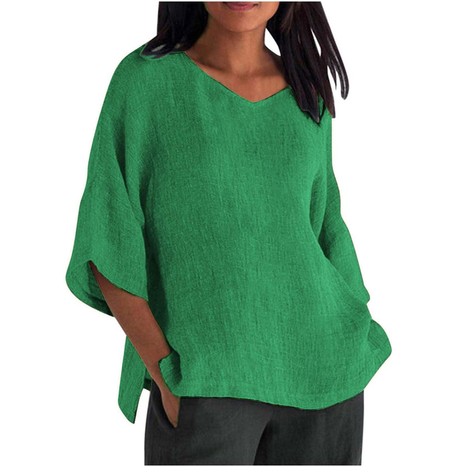 Linen Shirts for Women 2025 Summer Basic Solid Color 3/4 Sleeve Tunic - View 8