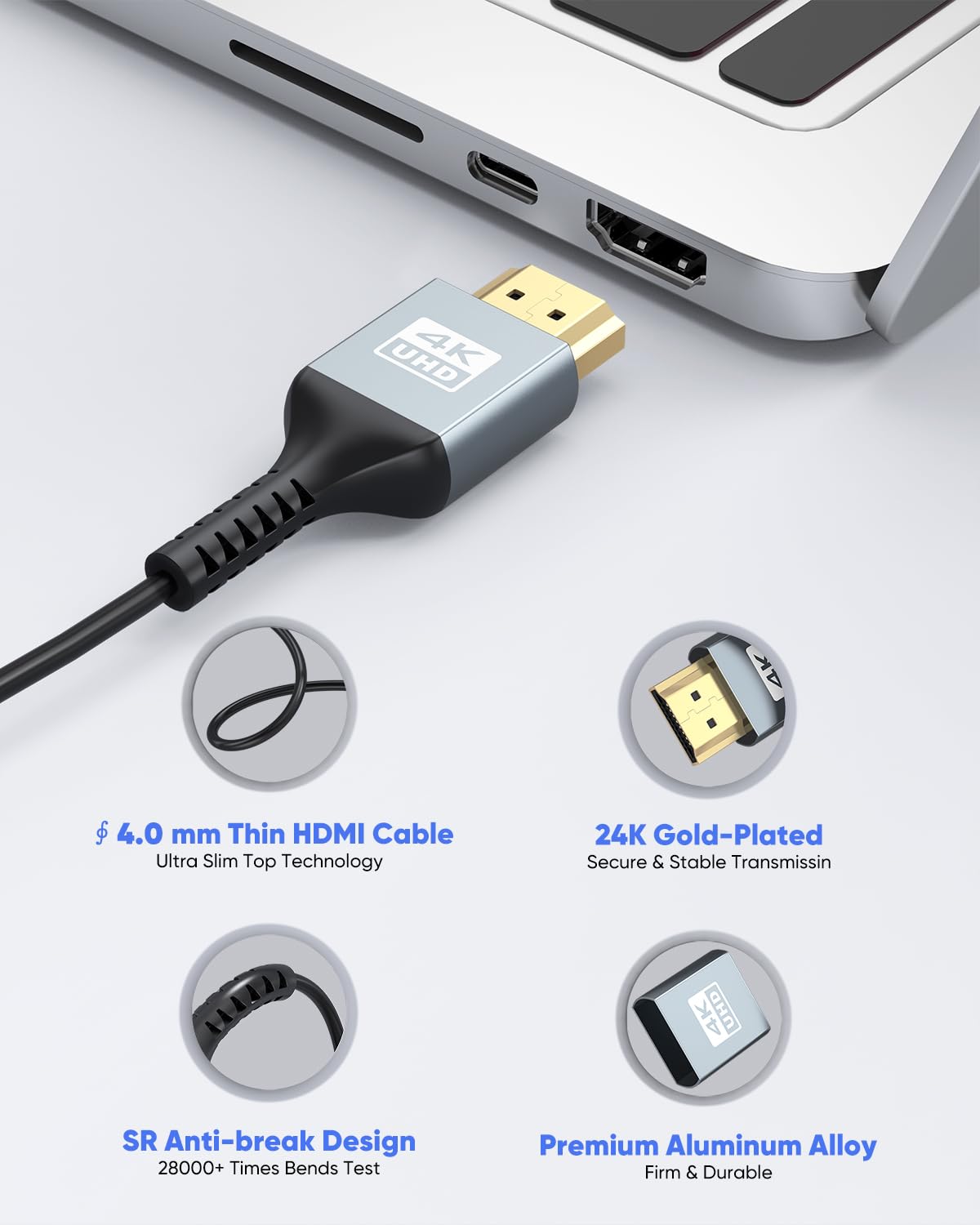 ZeniKon 20 ft HDMI cable, 4K thin and flexible HDMI cord for high-definition video and audio connection.
