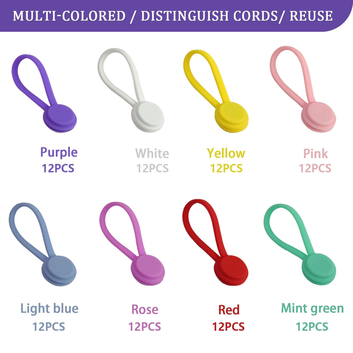 96 Pack Reusable Silicone Magnetic Cable Ties 8 Colors Multi - Motiloo Official Imagery - 3