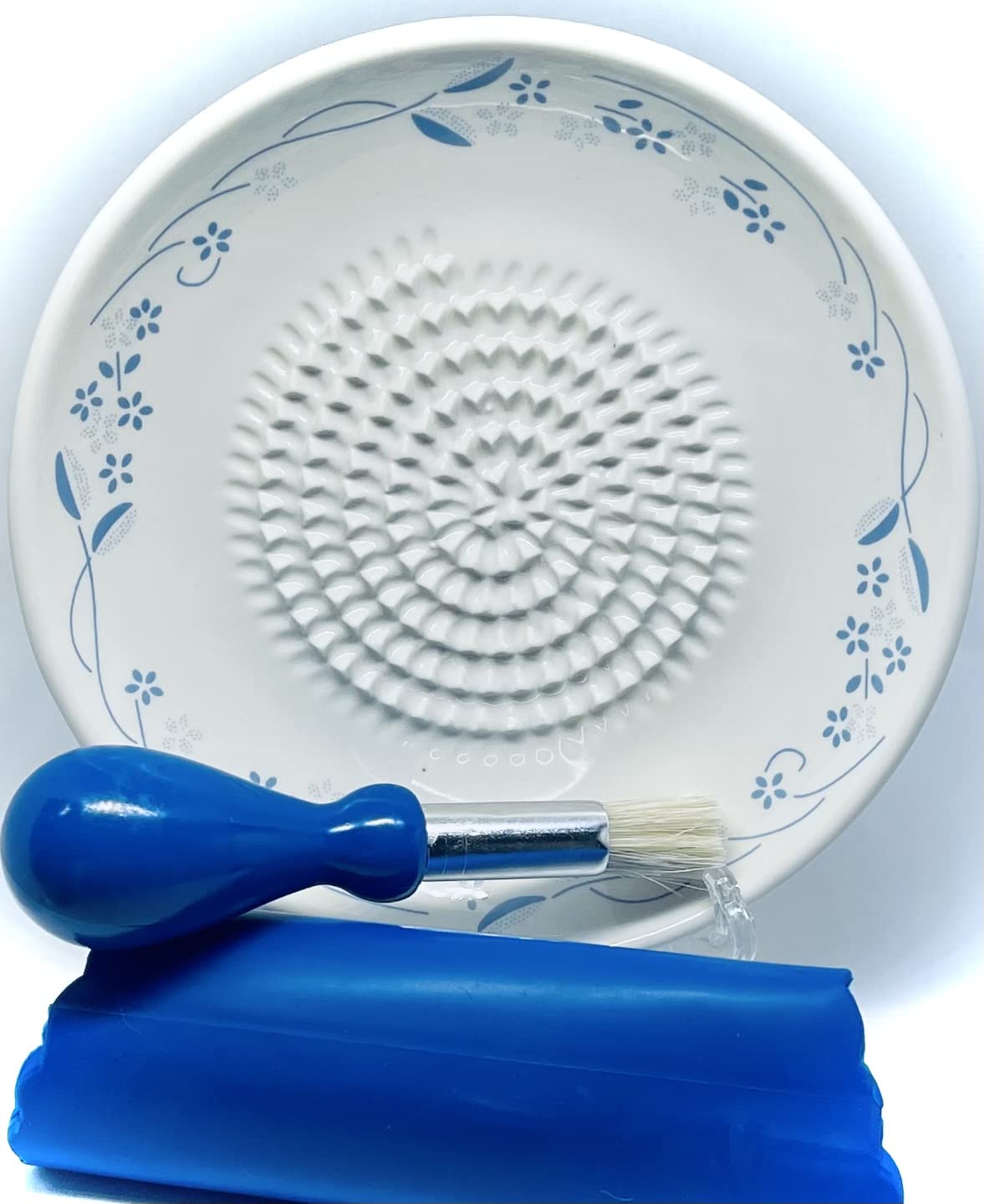 Premium Ceramic Garlic Grater Plate Set - Flower Line on White - Product Imagery