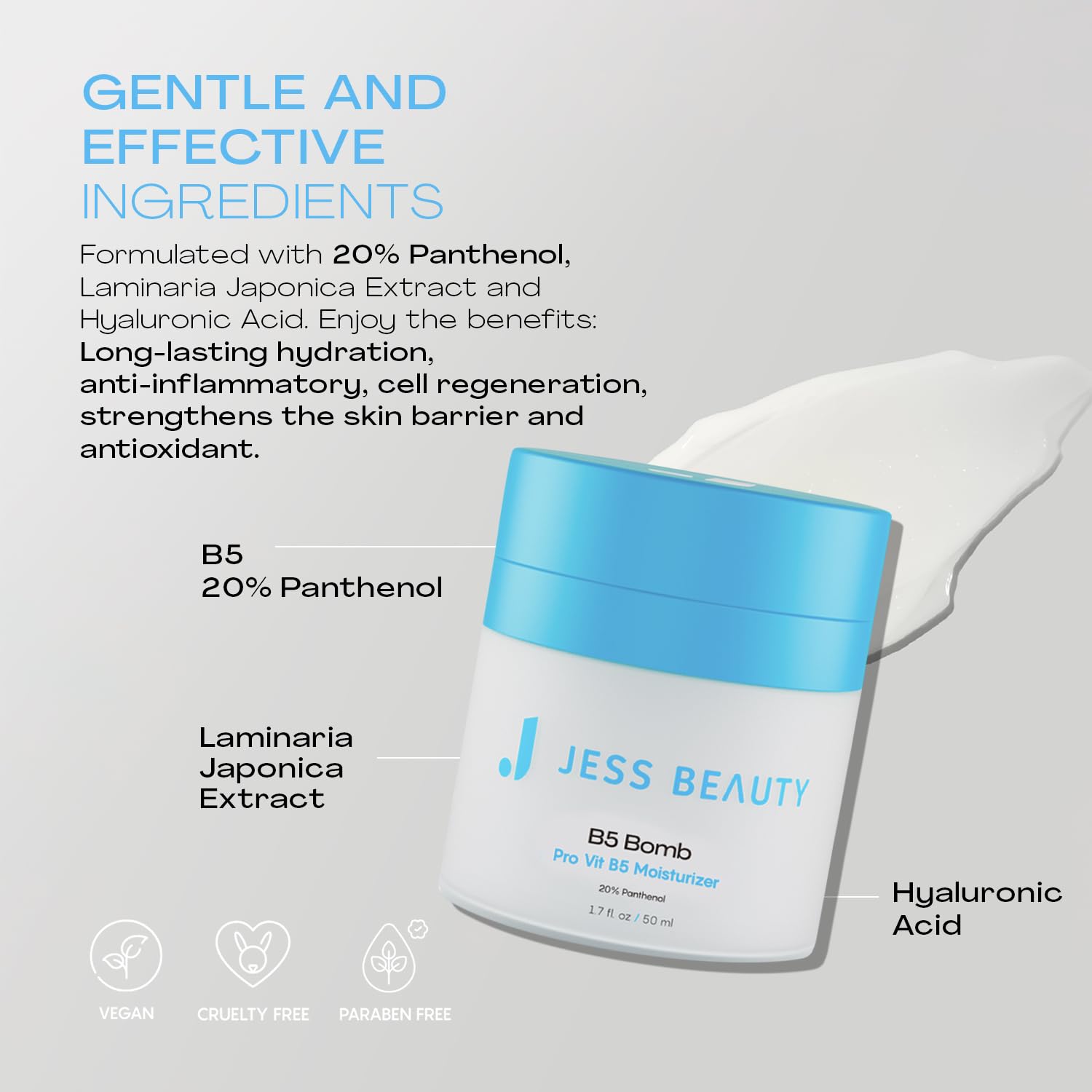 JESS BEAUTY | B5 Bomb Moisturizer | 20% Panthenol Face Cream for Deep Hydration, Strengthens Skin Barrier & Soothing Relief | Lightweight, with Hyaluronic Acid & Vitamin E | Korean Skincare 1.7 fl oz - JESS BEAUTY Official Product View 5