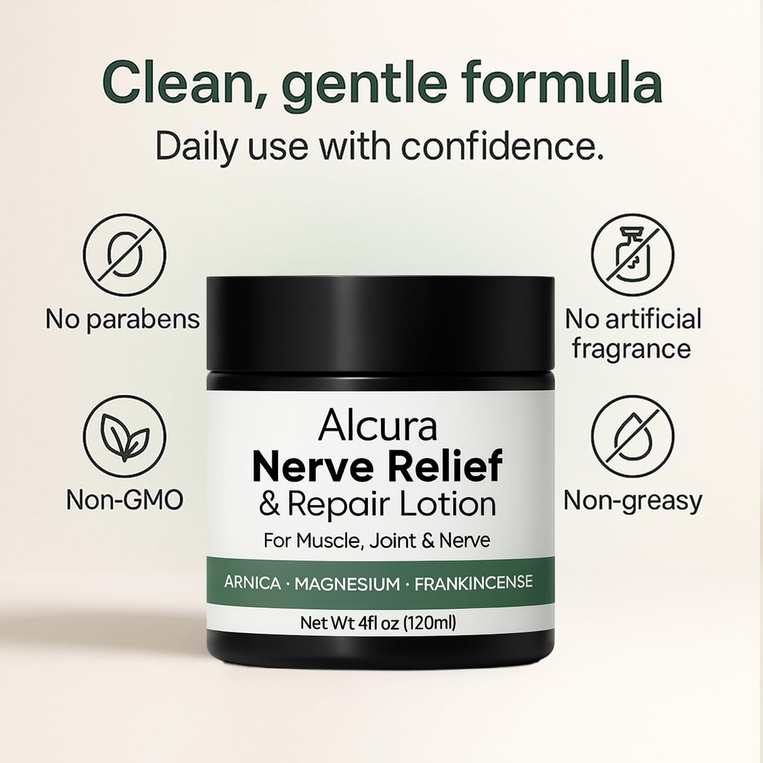 GROHESE Alcura Nerve Cream body lubricant with arnica and magnesium, 4 fl oz, featuring a tube with cream and natural herbal ingredients.