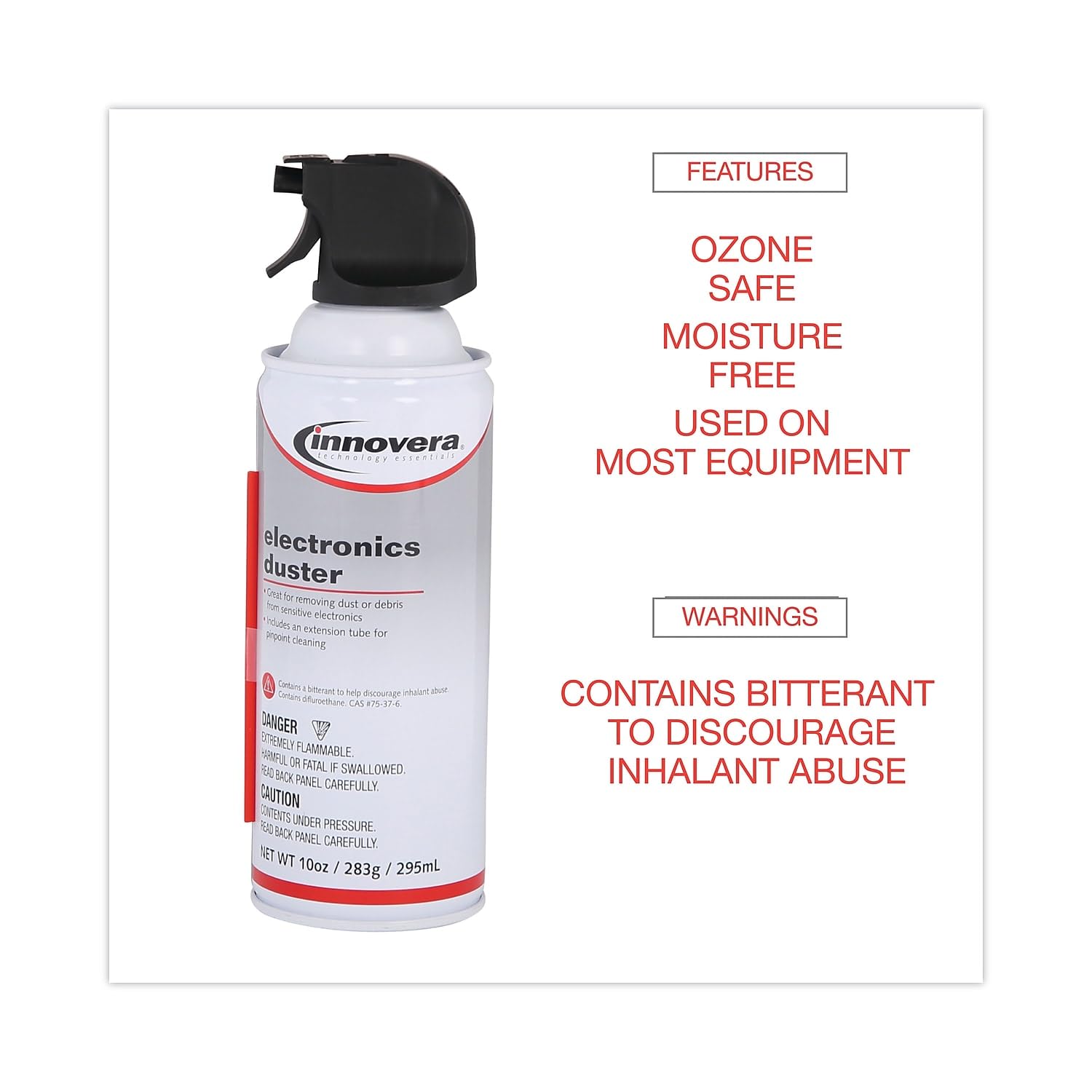 Innovera IVR10012 compressed air duster cans, 10 oz. each, in a 2-pack for cleaning dust from electronics and keyboards.