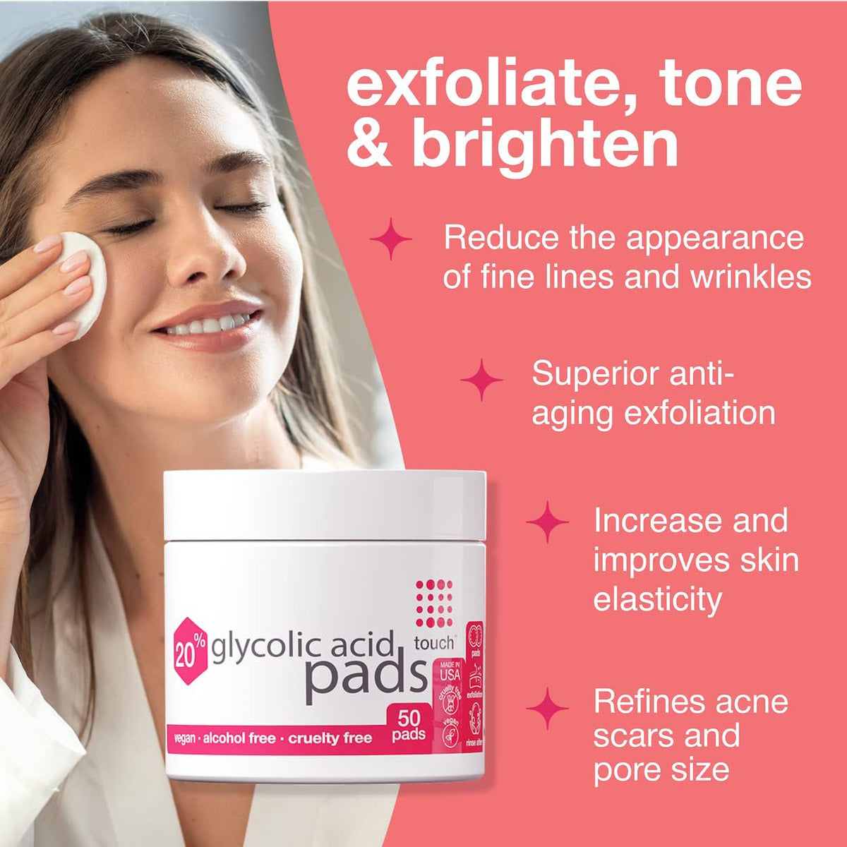TOUCH 20 Glycolic Acid Pads Exfoliating Face Wipes 50 Count - TOUCH Official Imagery - 3