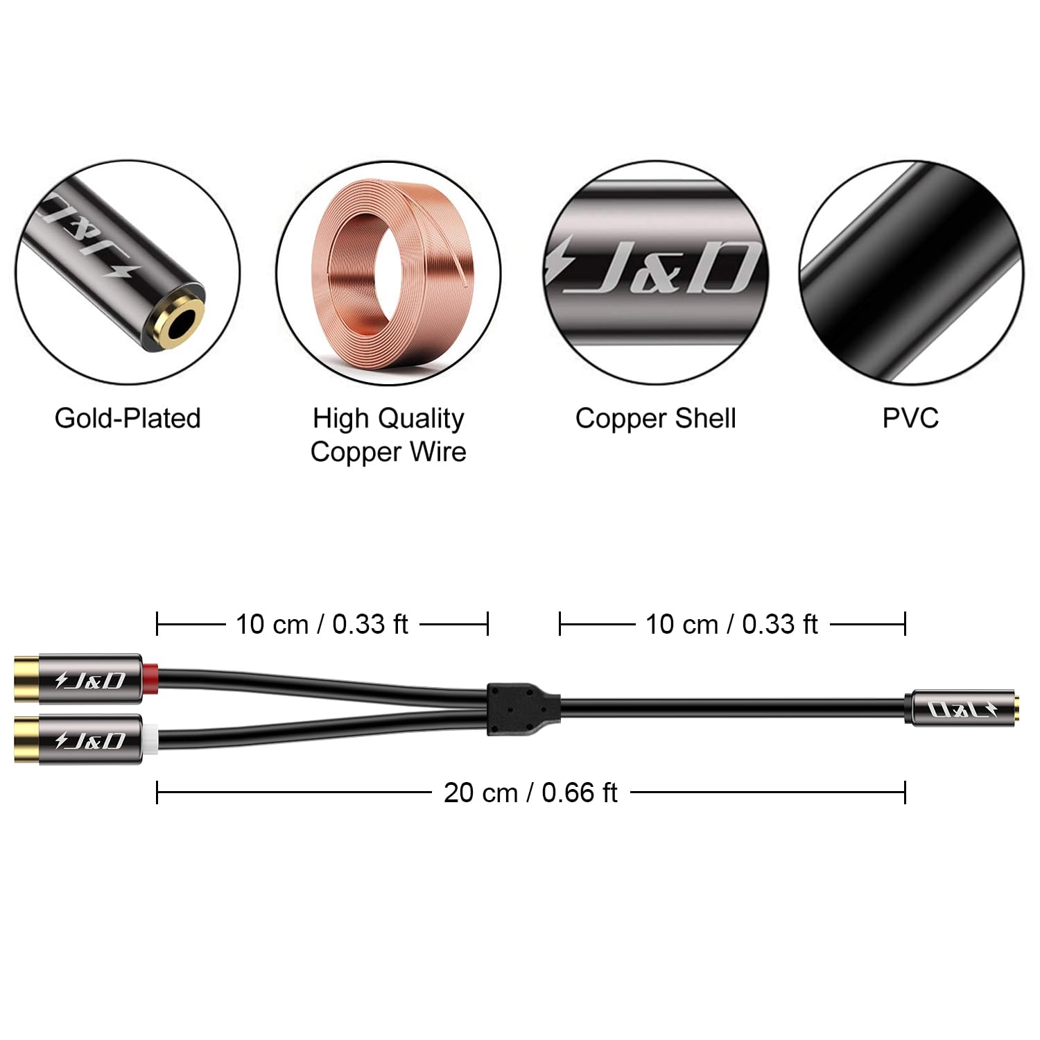 J&D 3.5 mm to 2 RCA Cable, Gold Plated Copper Shell Heavy Duty 3. by J&D - Angle View 4