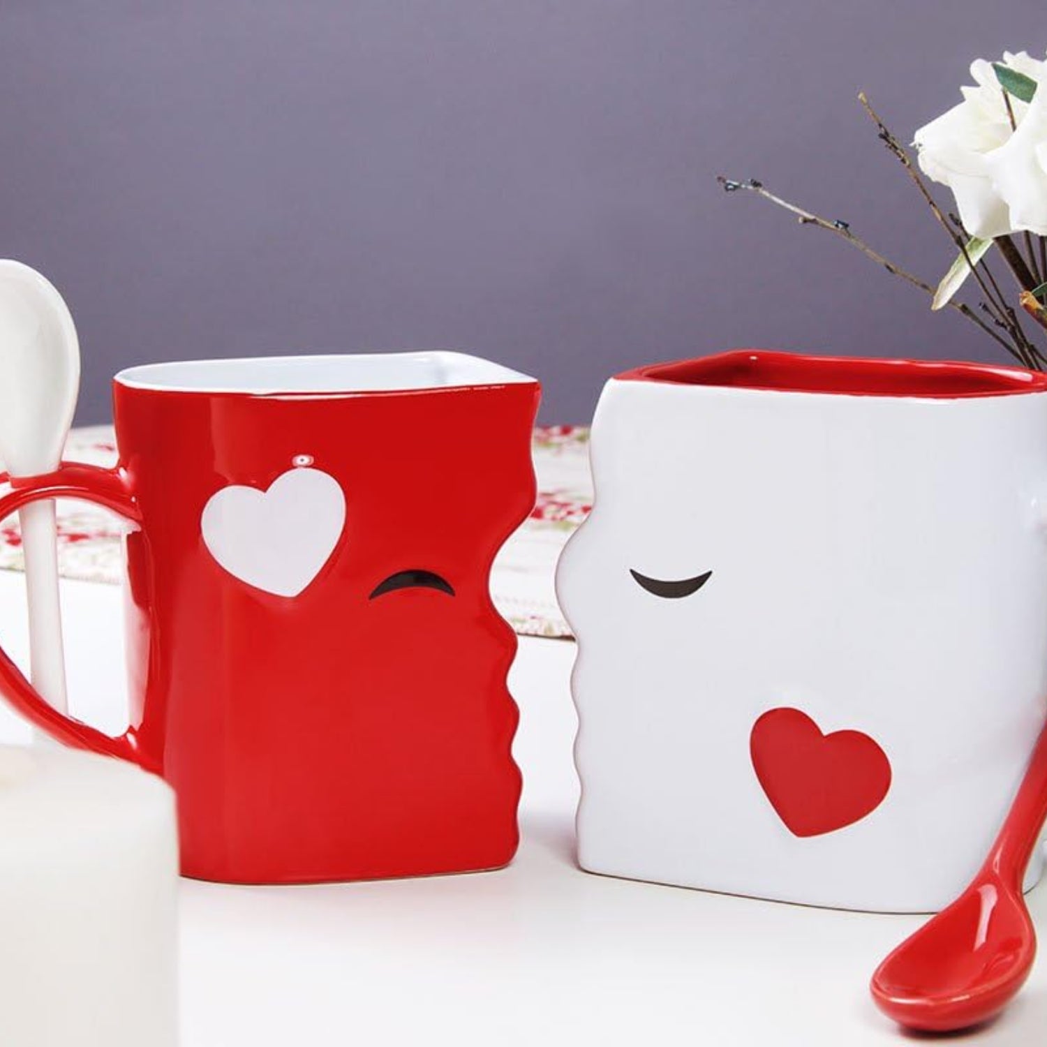 Blu Devil Kissing Mugs set featuring two large, intricately designed cups for wedding or anniversary gifts, crafted with fine detail.