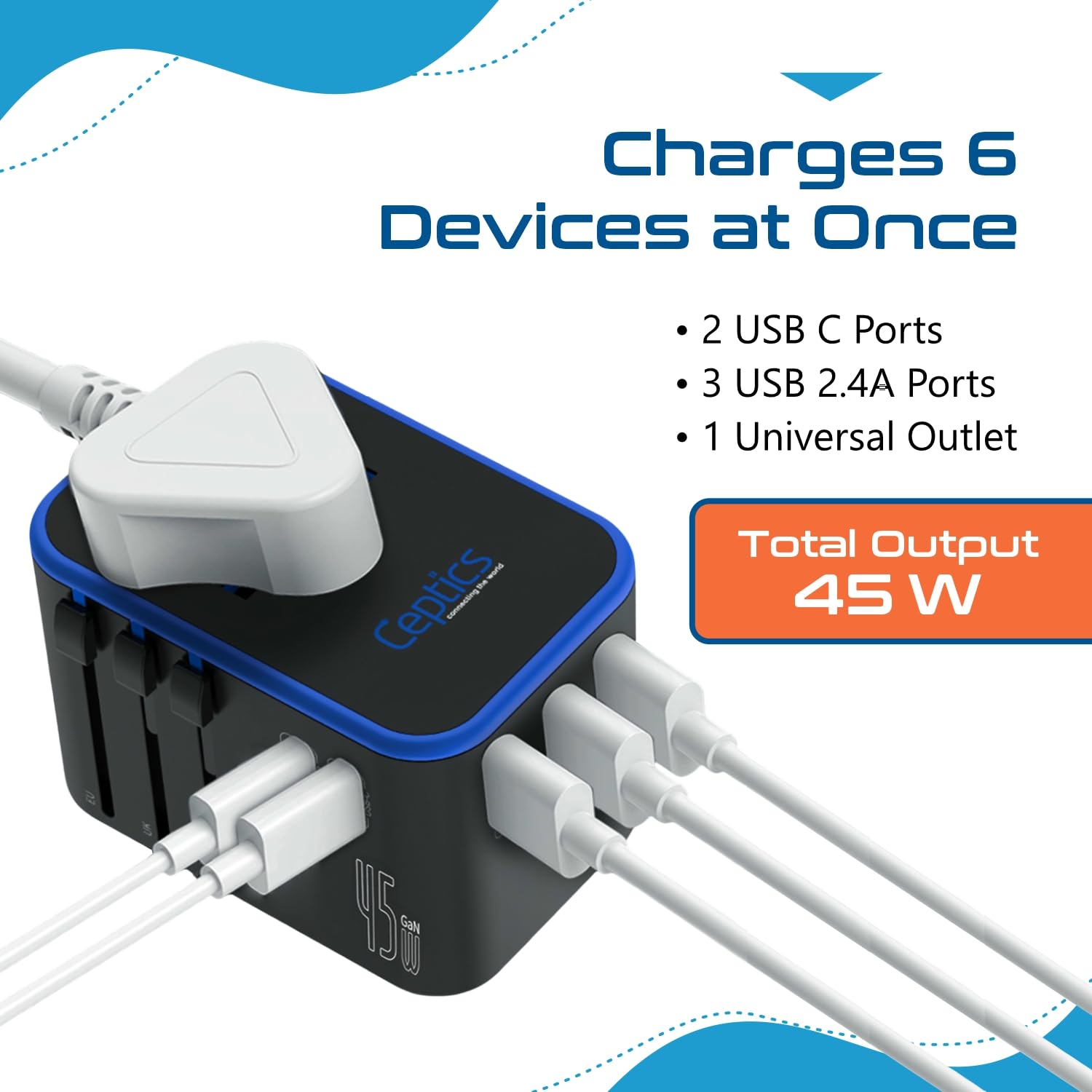 Ceptics 45W Universal Travel Adapter w/ 3 USB-A, 2 USB-C & Univer by Ceptics - Angle View 4