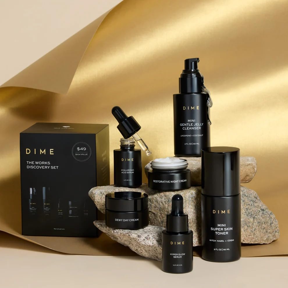 DIME Beauty The Works Discovery Set - 6-Piece Skincare Kit - Product Imagery