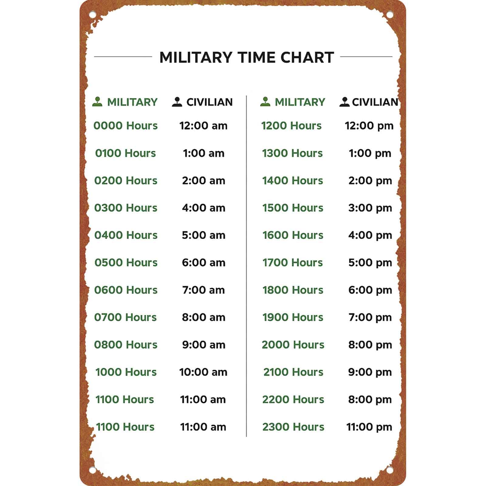 8x12 Inch Aluminum Military Time Conversion Chart, Metal Wall - Product Imagery