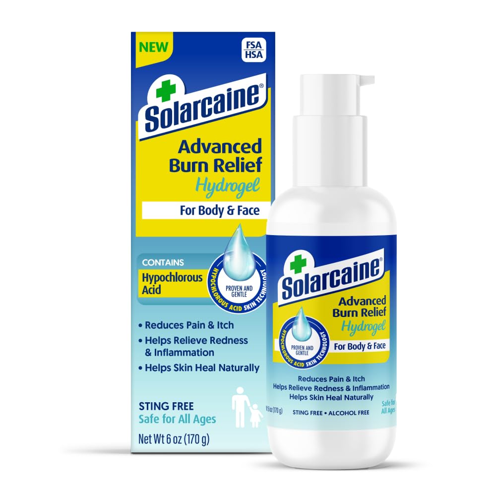 Solarcaine Cooling Hydrogel skin moisturizer with hypochlorous acid in a 6 oz tube, designed for soothing and hydration.