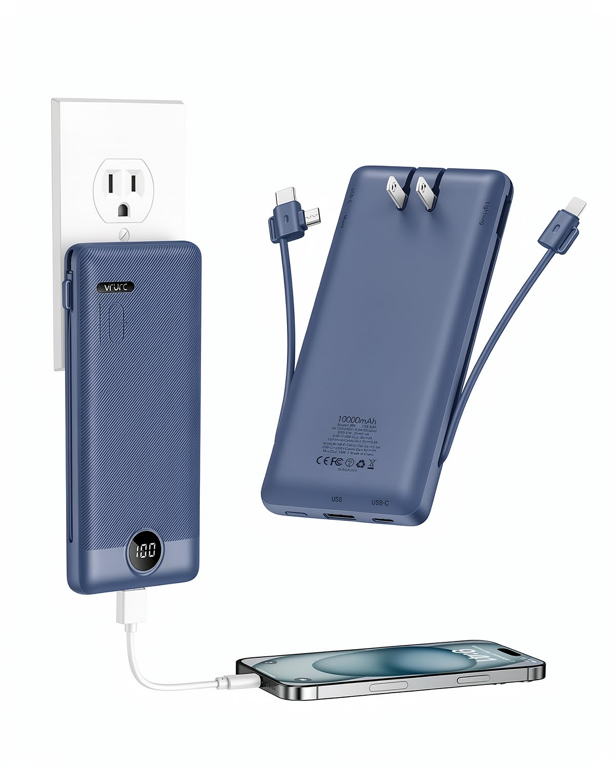 VRURC Portable Charger Built in Cables and AC Wall Plug USB - VRURC Official Imagery - 1