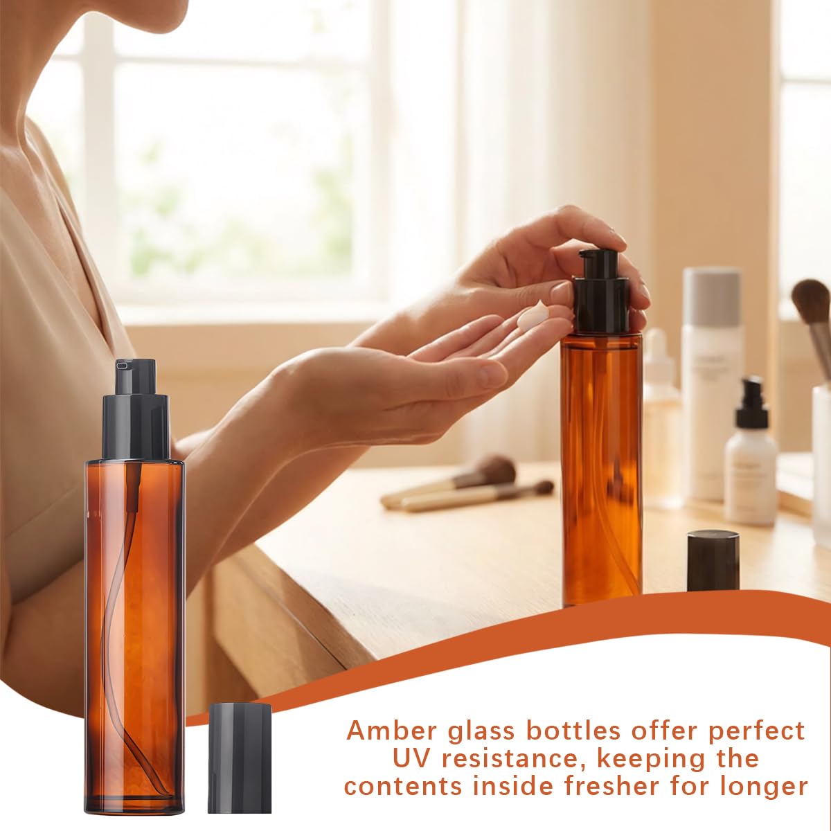 2PCS 60ml/2oz Empty Refillable Amber Glass Lotion Pump Press Bottles Soap Dispensers Containers Jars with Black Cap for Foundation Cream Makeup Removel Oil Shampoo