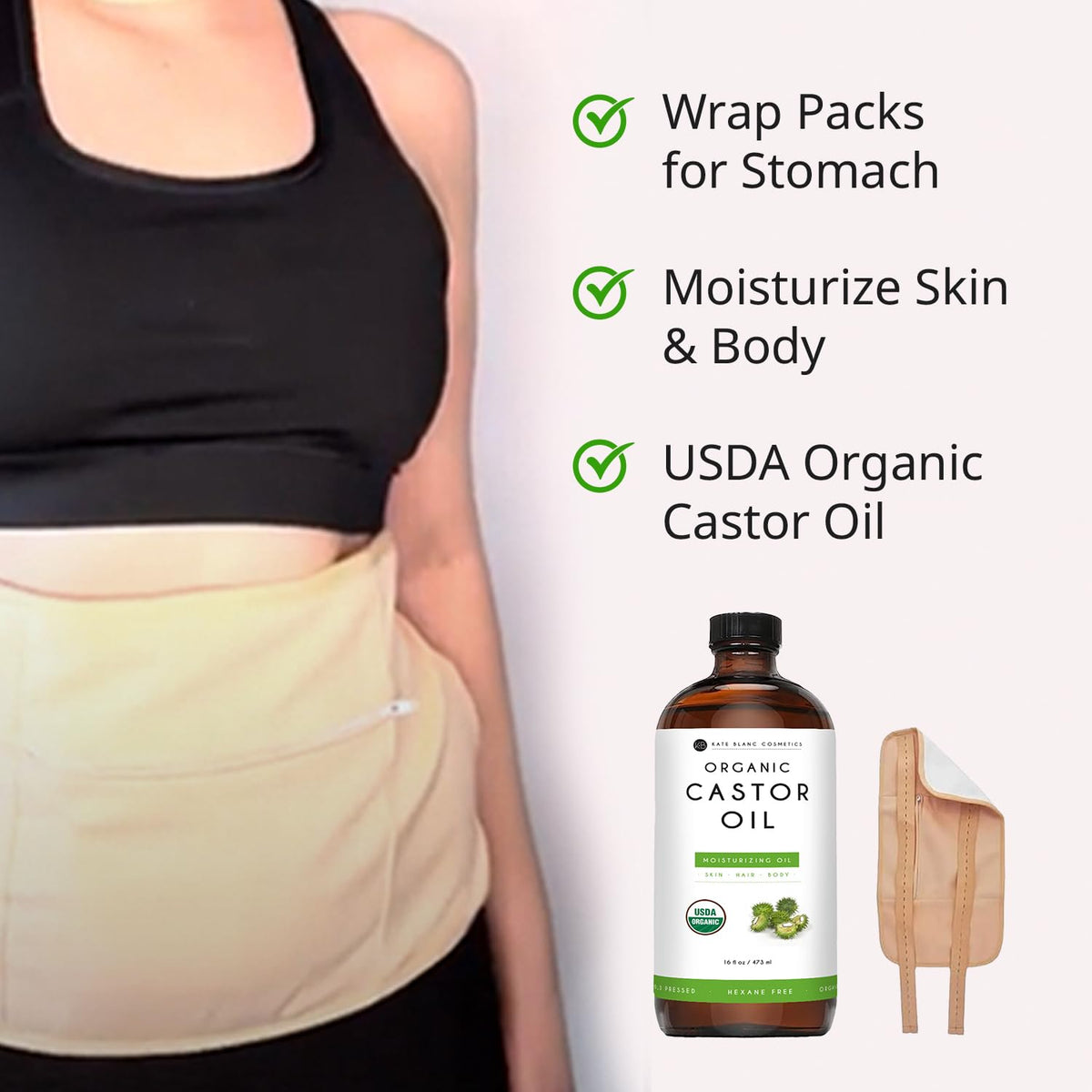 Kate Blanc Cosmetics Castor Oil Pack Wrap with 16oz Amber - Kate Blanc Cosmetics Official Imagery - 3