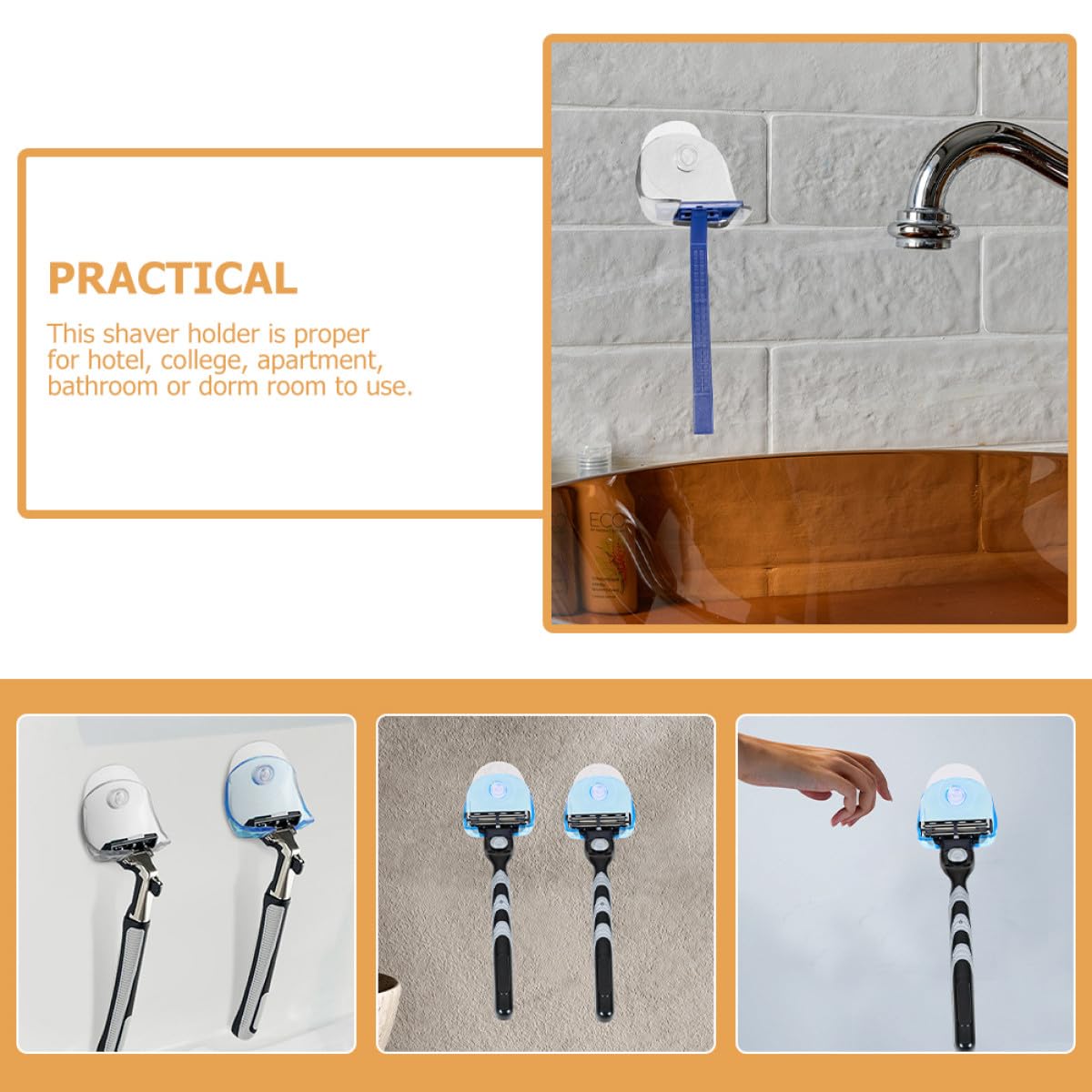 VILLCASE 10-piece bathroom razor holders with wall suction cups, plastic stands, and brush holders in blue and gray for shower organization