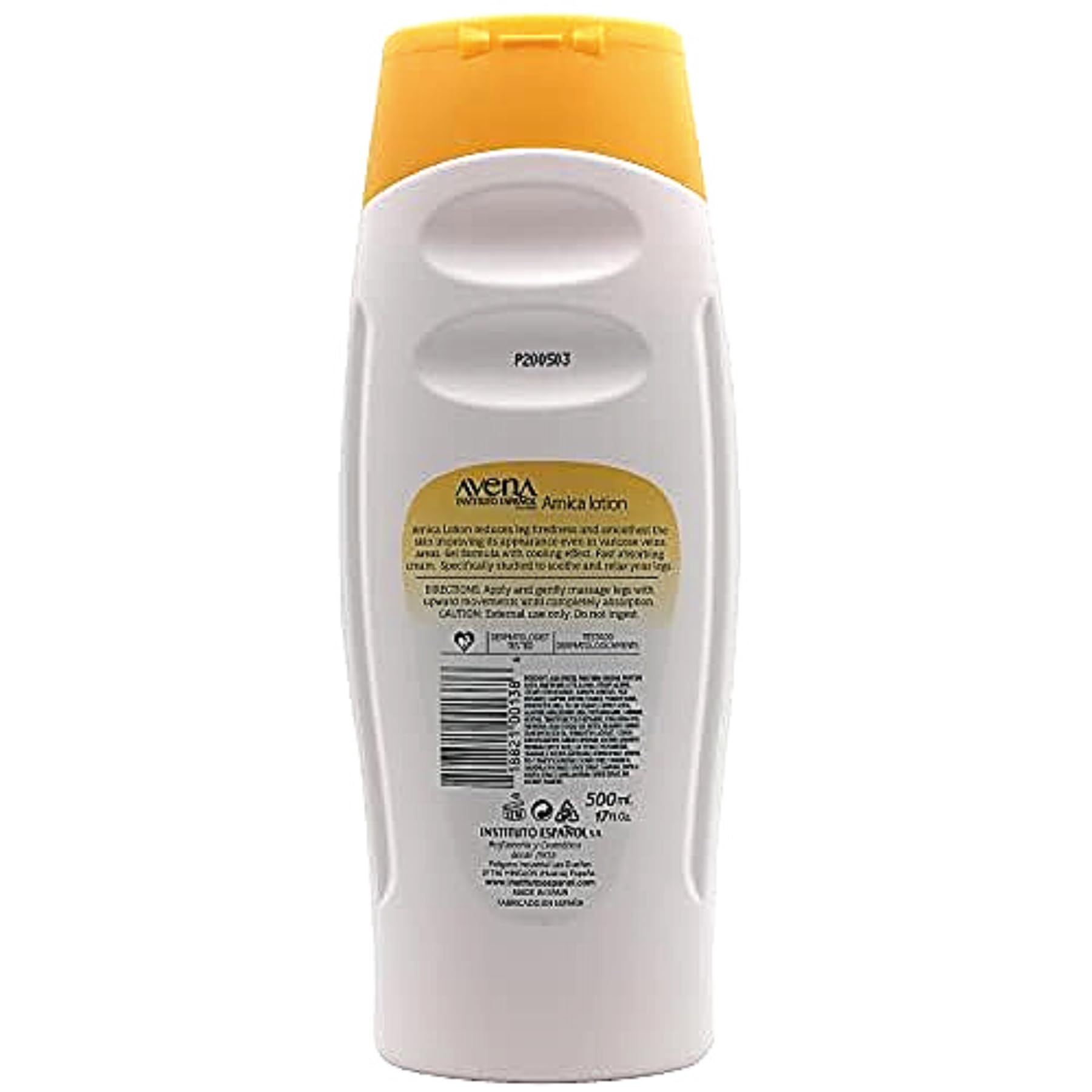 Avena Instituto Español Arnica Lotion for tired legs, skin moisturizer 2-pack showing bottles with arnica and soothing formula.