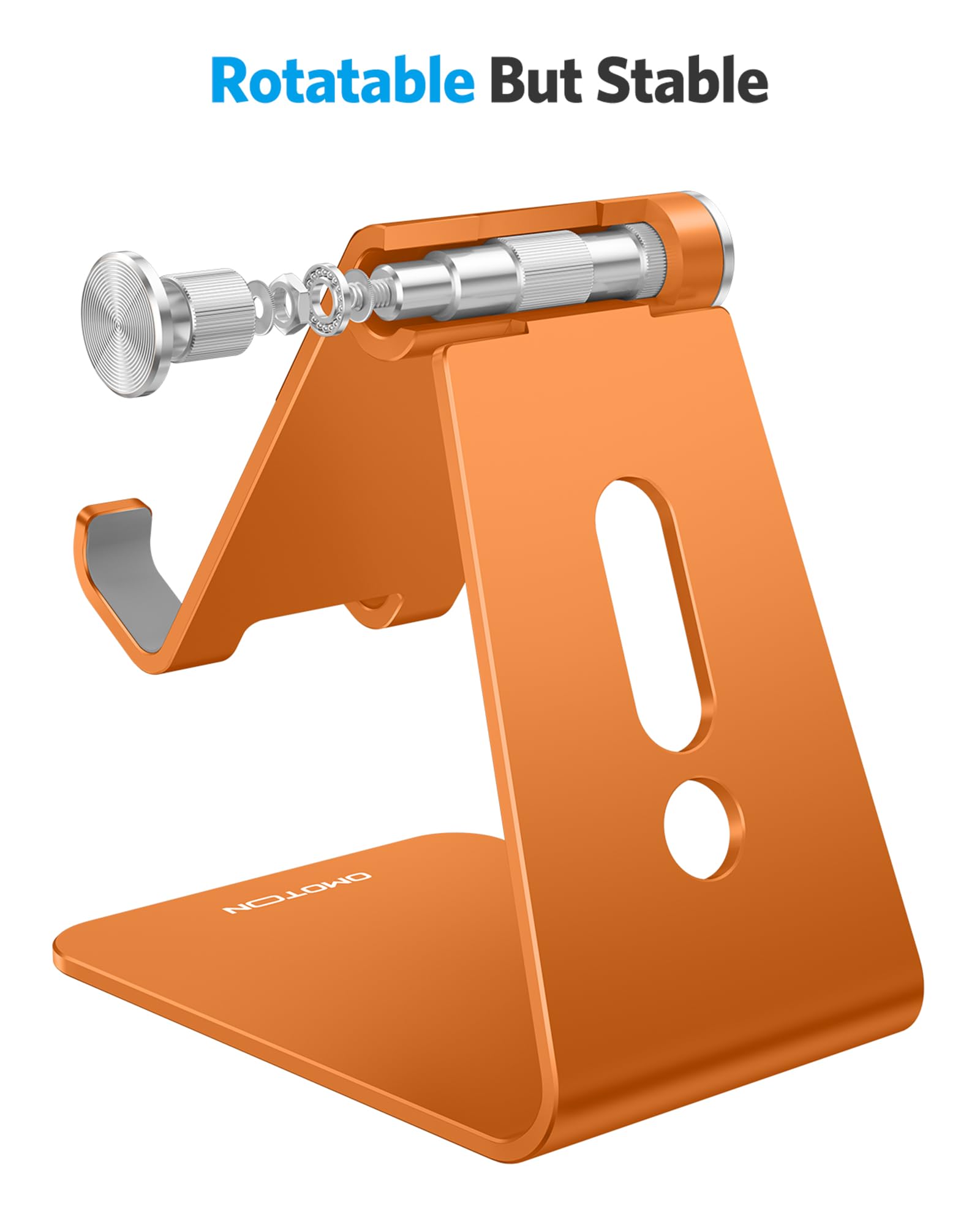OMOTON Adjustable Cell Phone Stand, Aluminum Desktop Cellphone Stand with Anti-Slip Base and Convenient Charging Port, Fits All Smart Phones, Orange