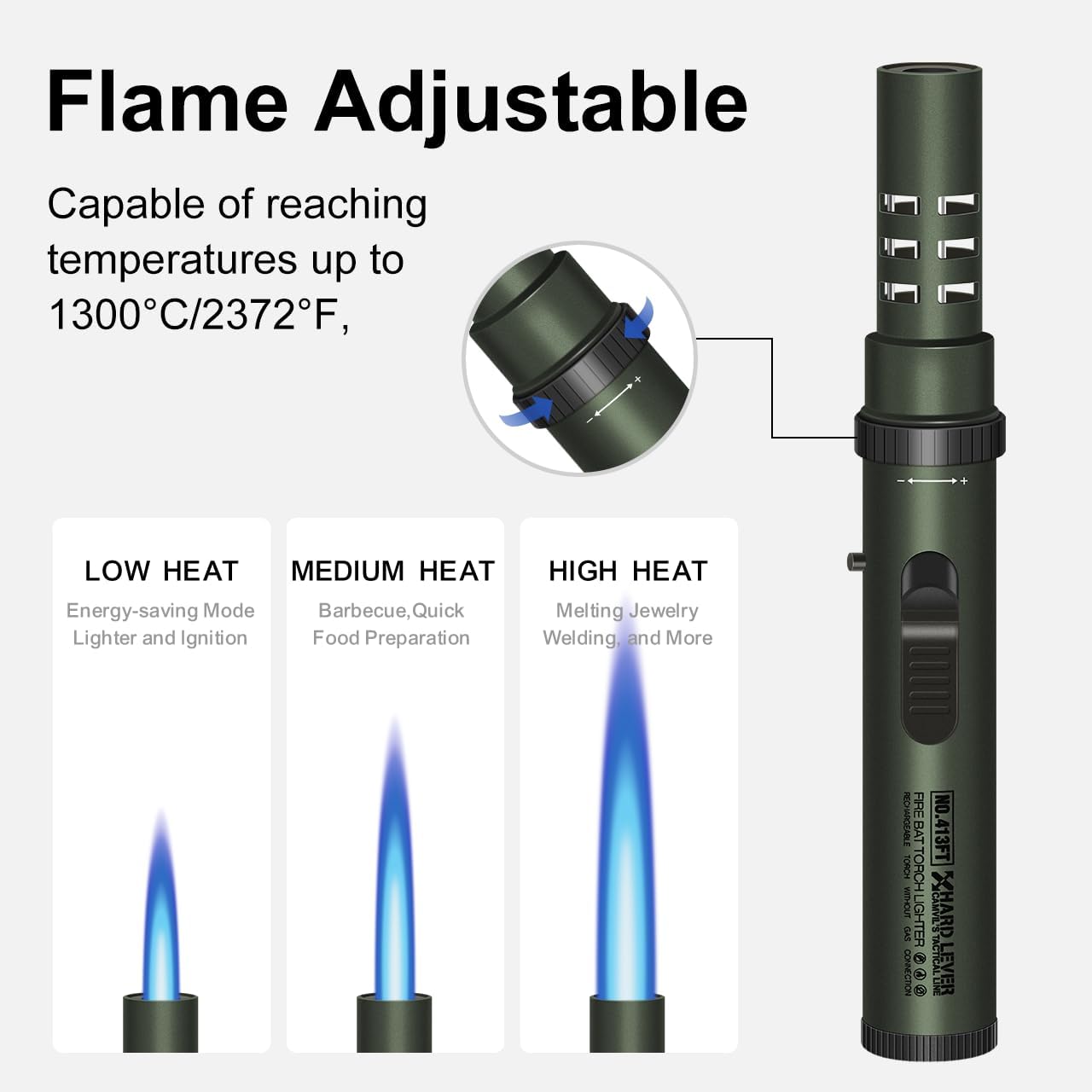 CAMVIL camping lighter with windproof jet flame, refillable butane torch lighter ideal for outdoor use.