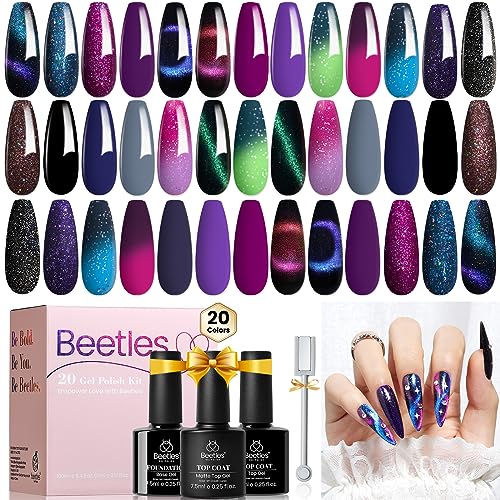 Beetles Cat Eye Gel Polish Set, 24Pcs 20 Colors Glitter Changing - Product Imagery