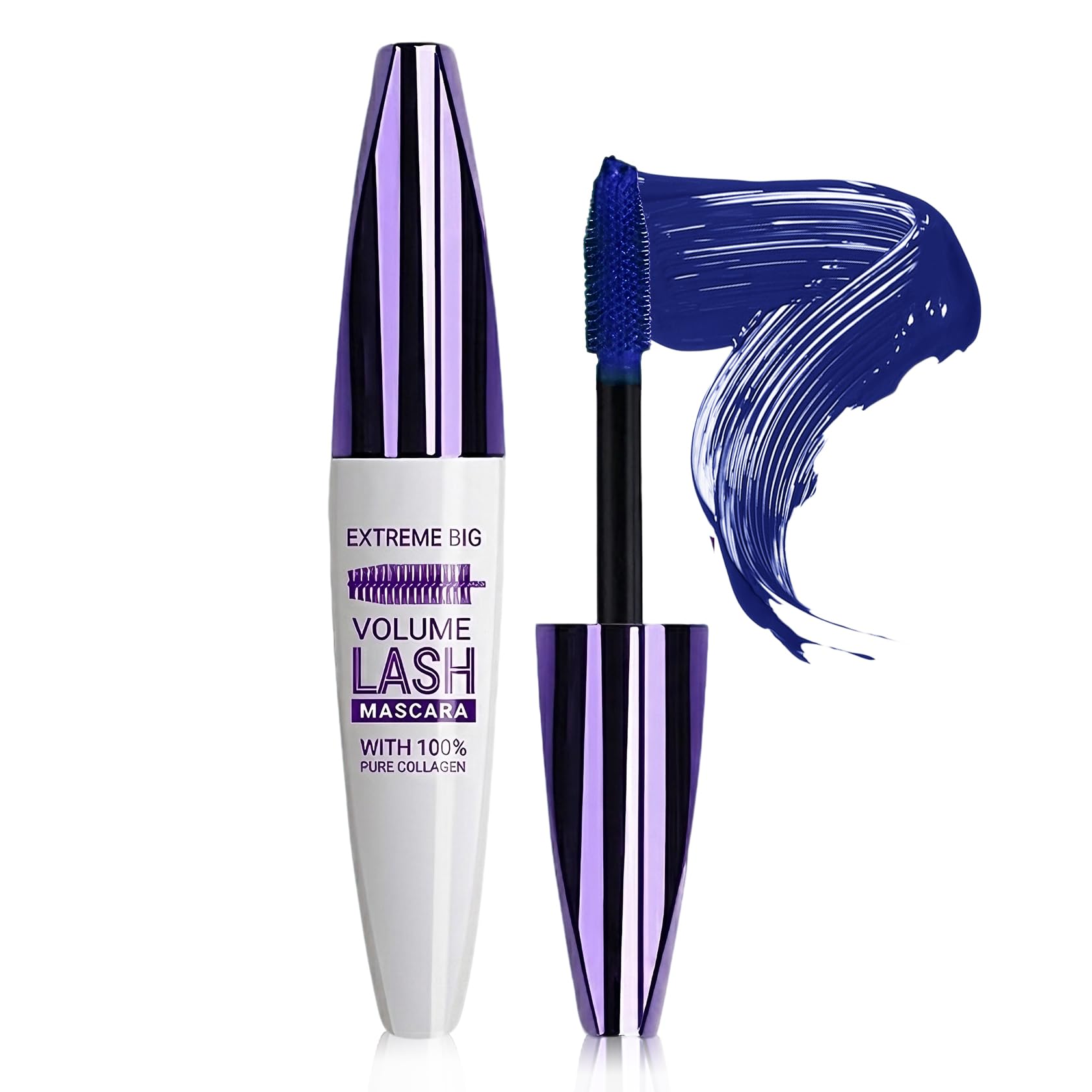 Blue waterproof mascara by Rosawee with 5D volume and length, shown in a sleek mascara tube against a white background.