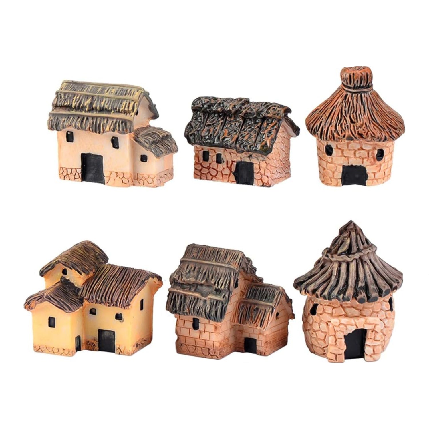 Six miniature fairy garden house accessories including tiny village huts and cottages for fairy garden decoration.
