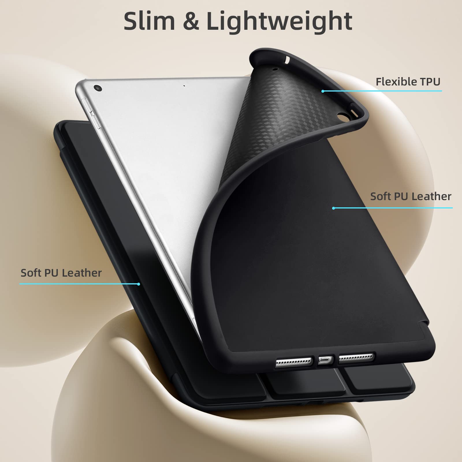Black Akkerds iPad 9th/8th/7th generation case for 10.2-inch tablets, portable electronic device cover with secure fit.