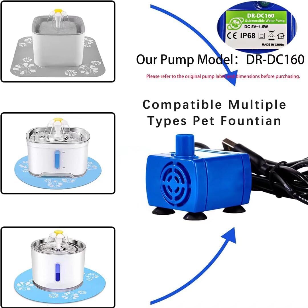 Monsin cat water fountain pump with DR-DC160 motor for round, cubic, and flower cap pet water fountains, replacement pump.