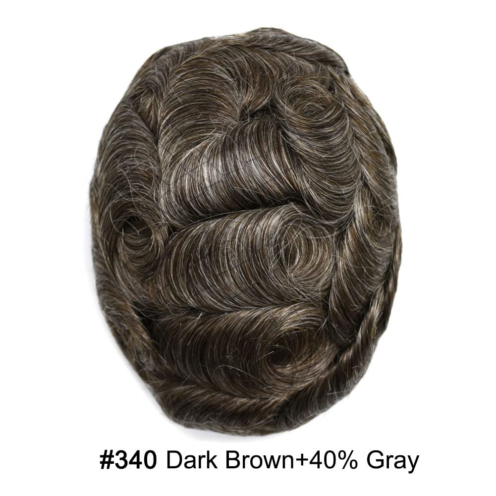 Curve Hair Mens Toupee Human Hair Piece Replacement System Monofilament Wig Hair Unit for Men Durable Poly Coated Mens Hairpiece (#340 Dark Brown+40% Gray, 7"X9")