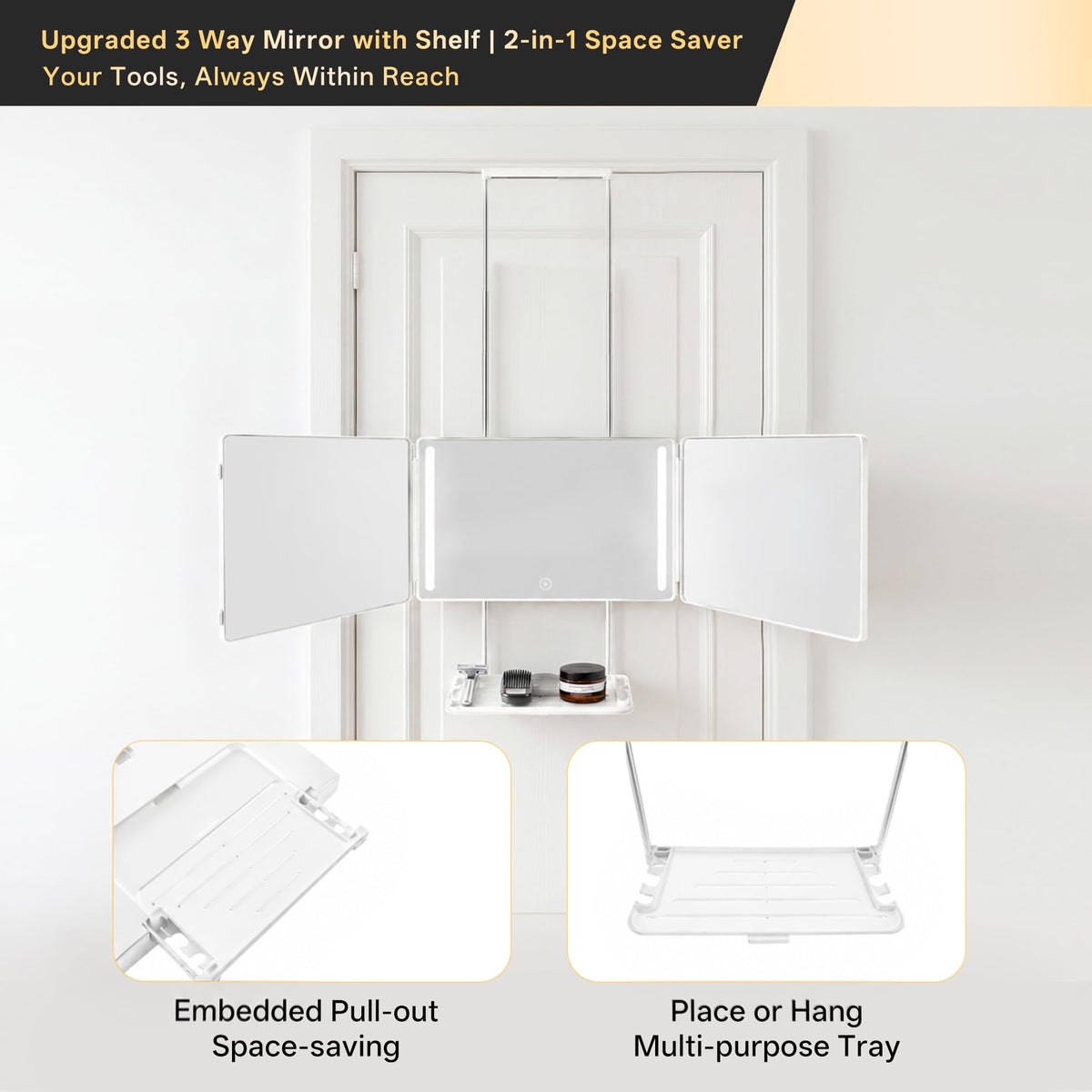 3 Way Mirror with Lights Shelf for Self Hair Cutting - LADETTO Official Imagery - 4