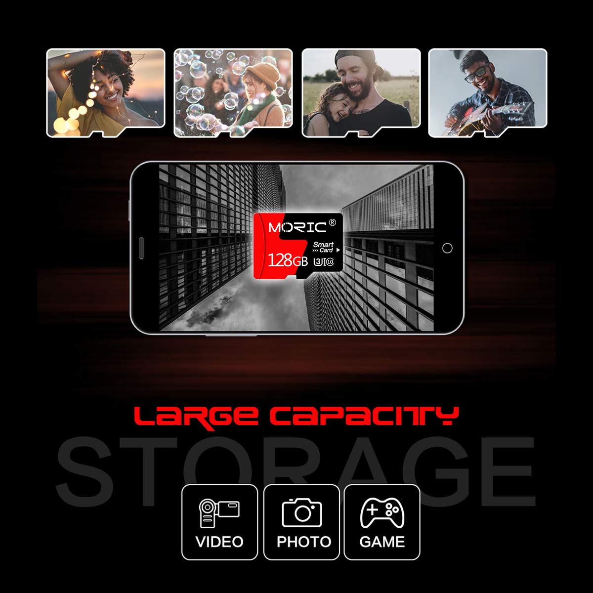 Two 128GB MORIC micro SD cards with adapters, high-speed C10 A1 TF memory cards for cameras, smartphones, tablets, and drones.