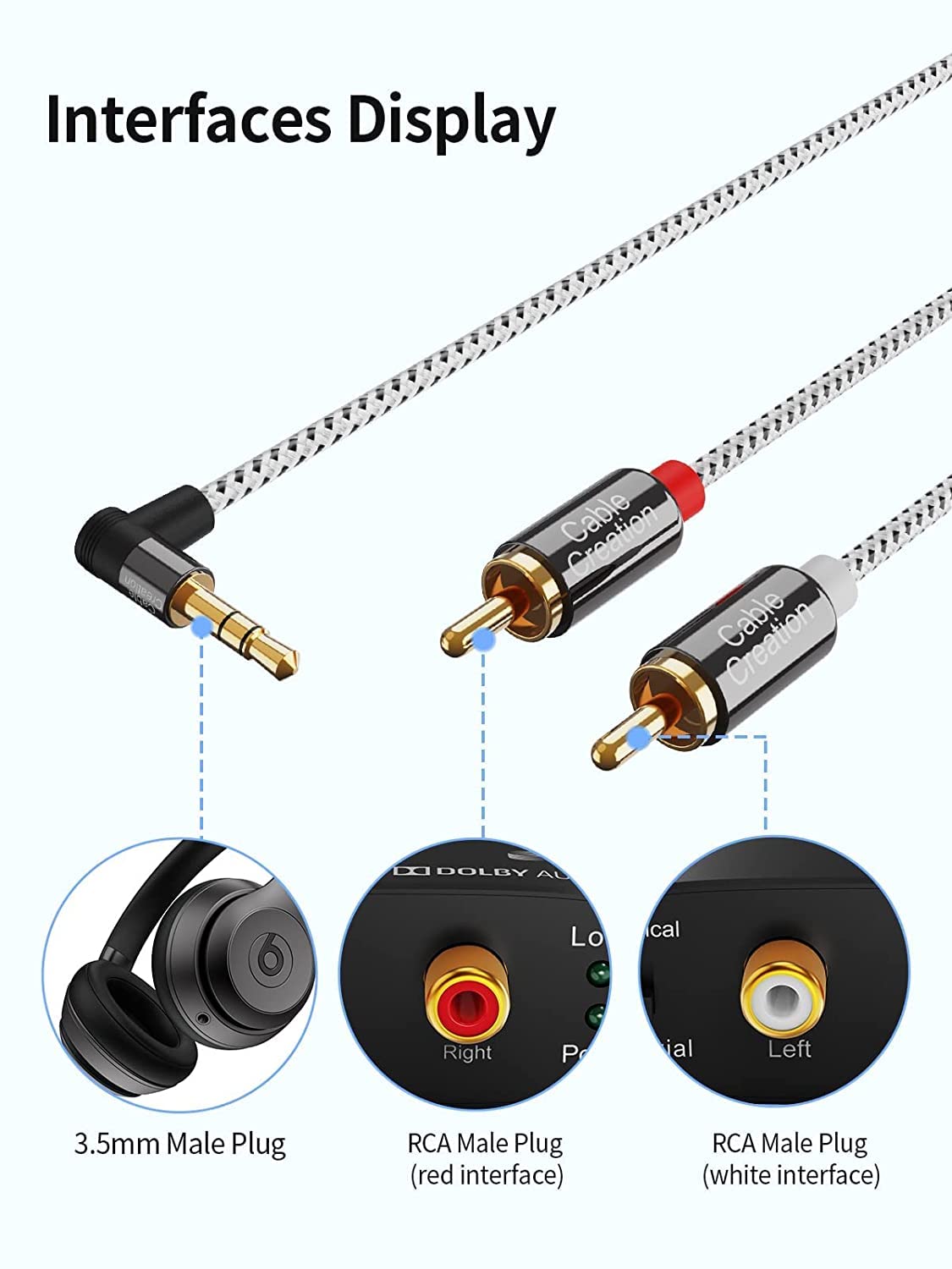 CableCreation 3.5mm to RCA Cable, Angle 3.5mm Male to 2RCA Male A by CableCreation - Angle View 4