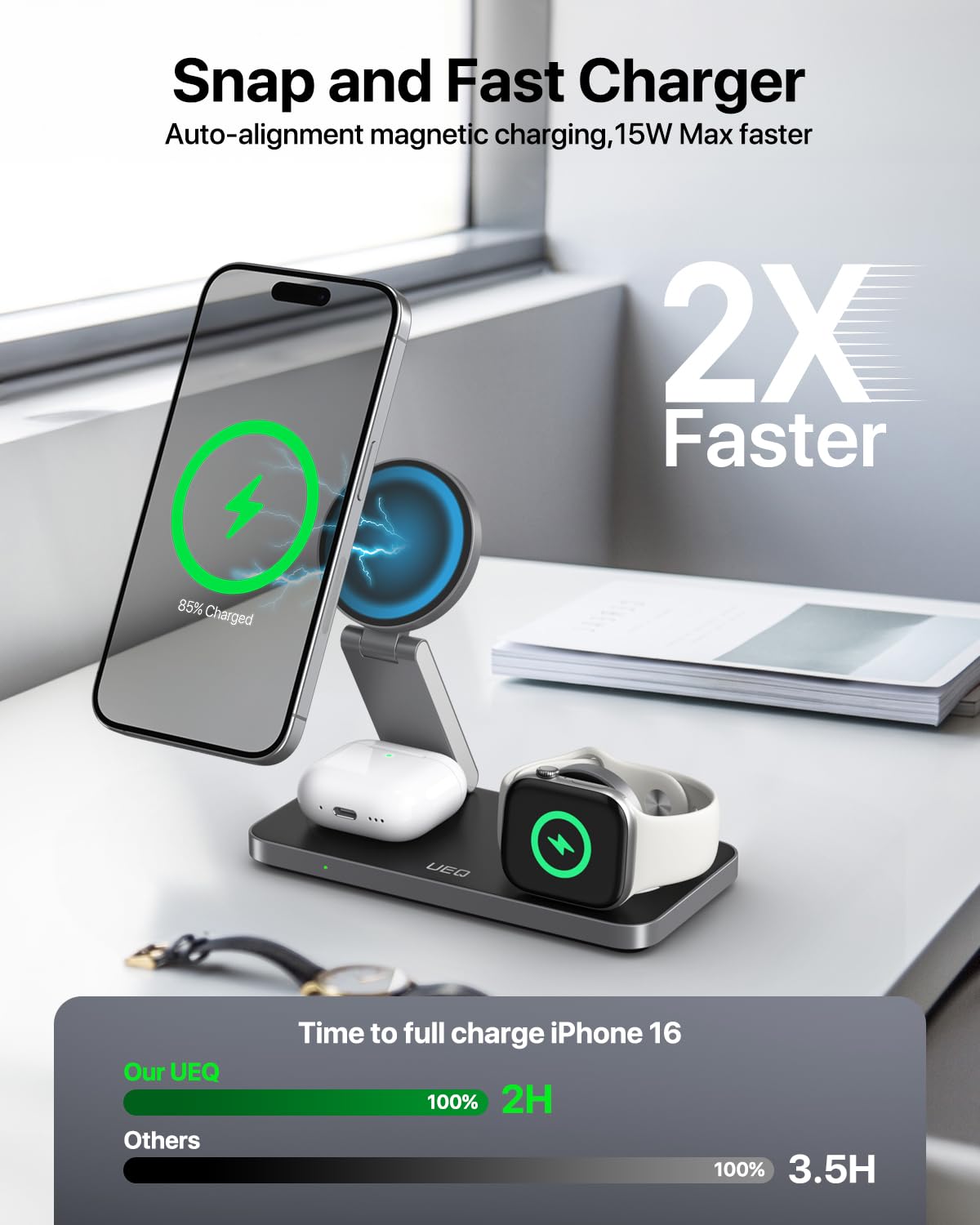 UEQ Foldable 3 in 1 Wireless Charging Station for Apple Magsafe Charge - View 2