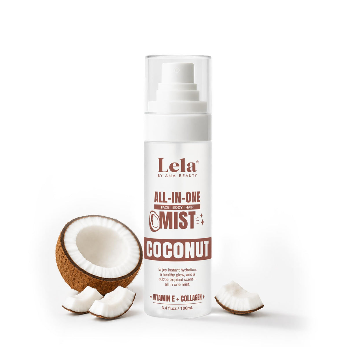 All In One Coconut Mist with Vitamin E for Face Body Hair - LELA by Ana Beauty Official Product Imagery - 1